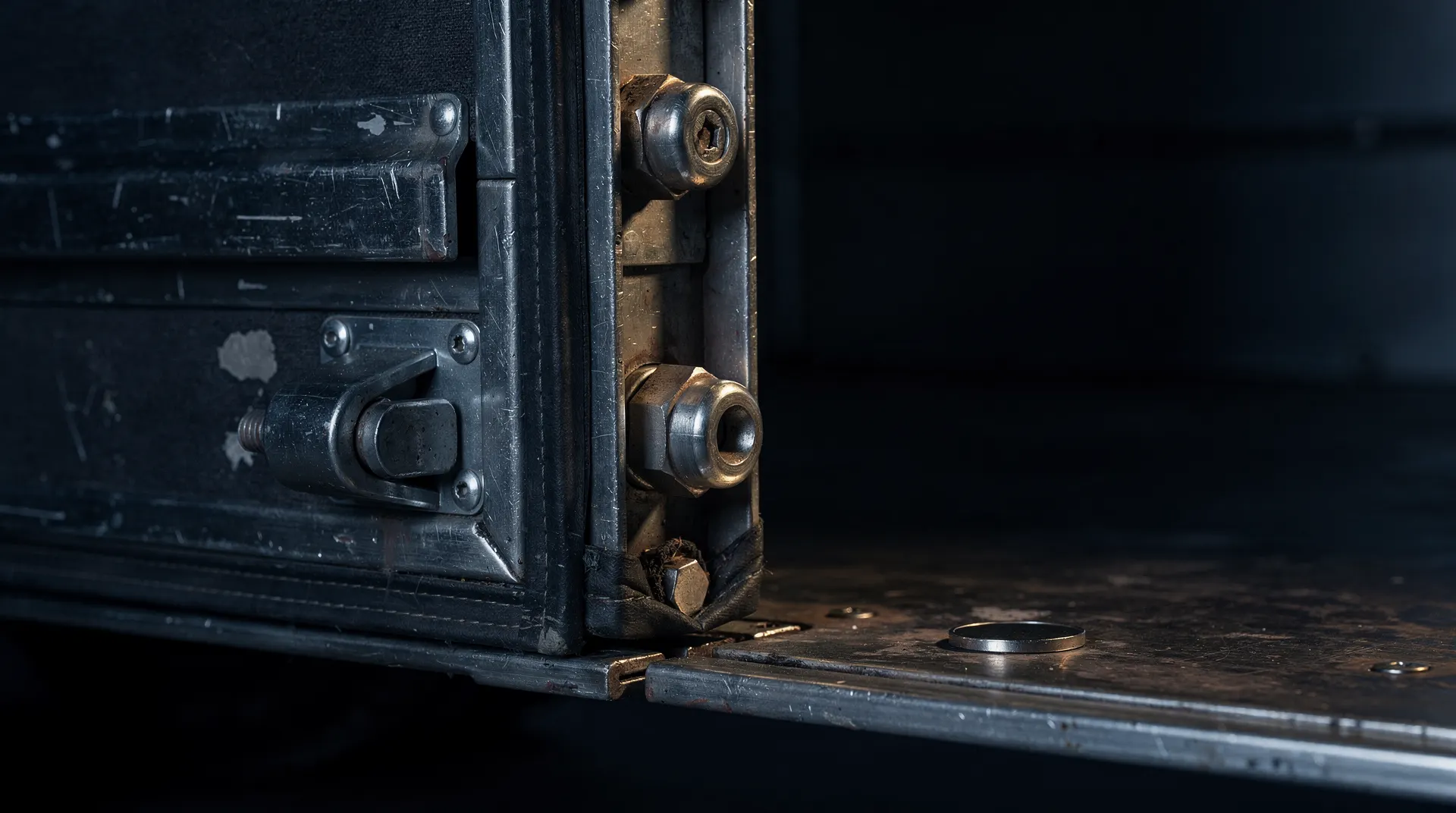 A plain unmarked metallic coin rests on the steel floor just inside a heavy vault-style door at night.
