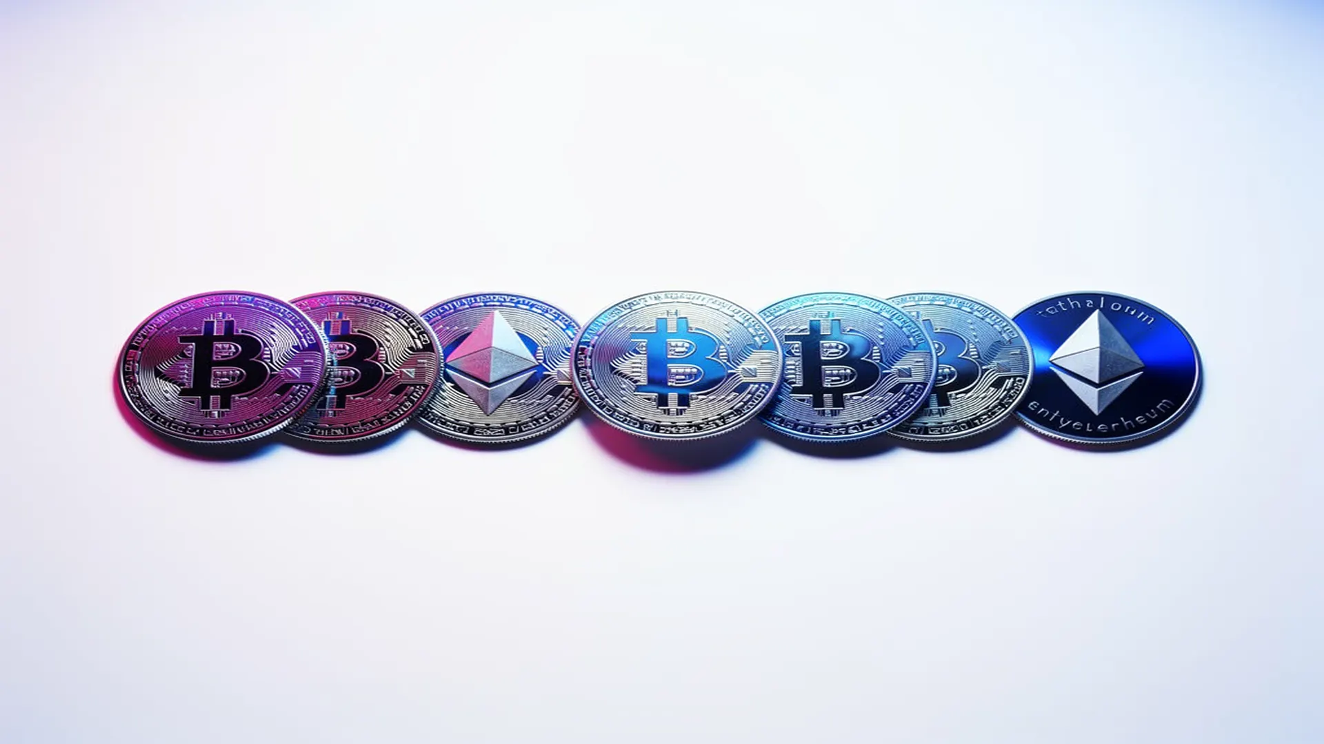 Bitcoin and Ethereum coins arranged in institutional crypto custody vault with blue and purple lighting