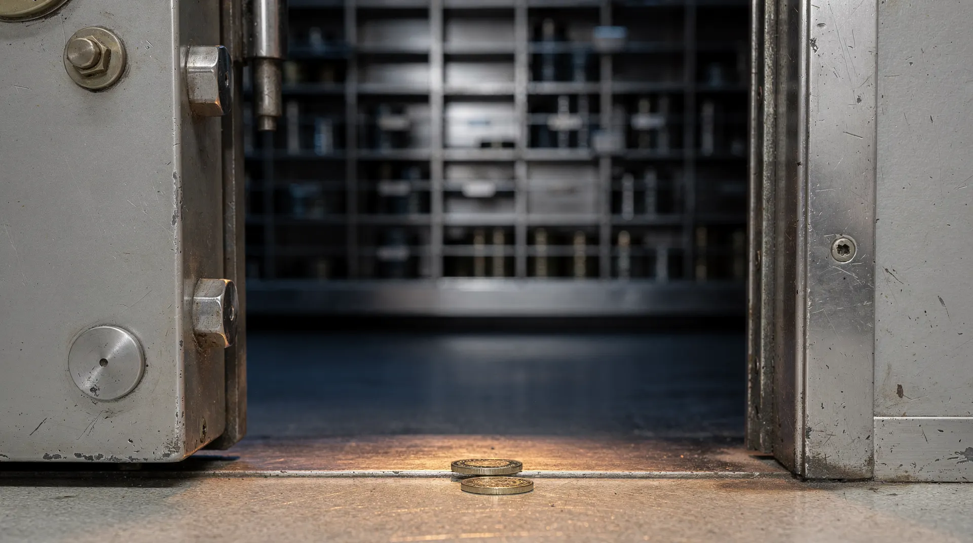 An open bank vault reveals mostly empty coin trays, with one unmarked coin near the threshold.