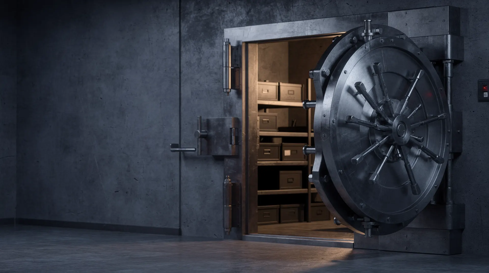 A partly open bank vault door reveals sparse metal storage trays in dim amber light.