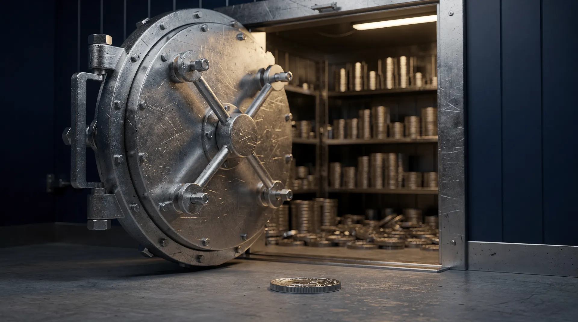 A single unmarked coin rests outside a partly open vault filled with stacks of coins.
