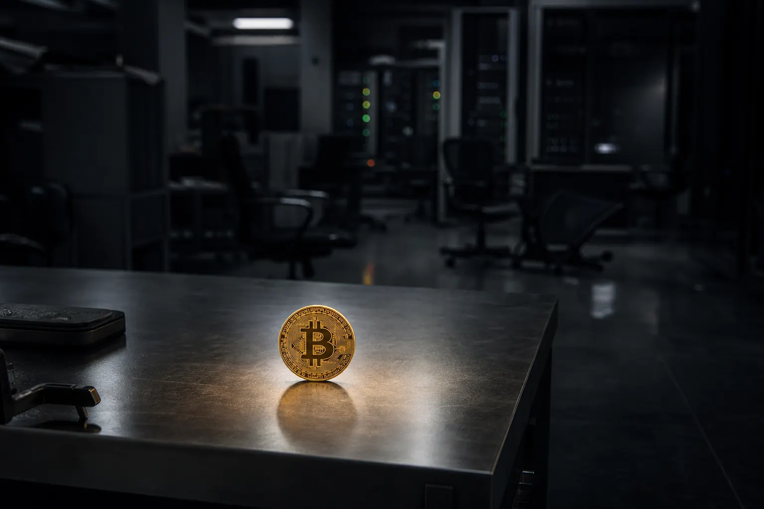 A glowing golden Bitcoin stands upright on a dark, textured surface in a dimly lit room, with blurred office furniture in the background.