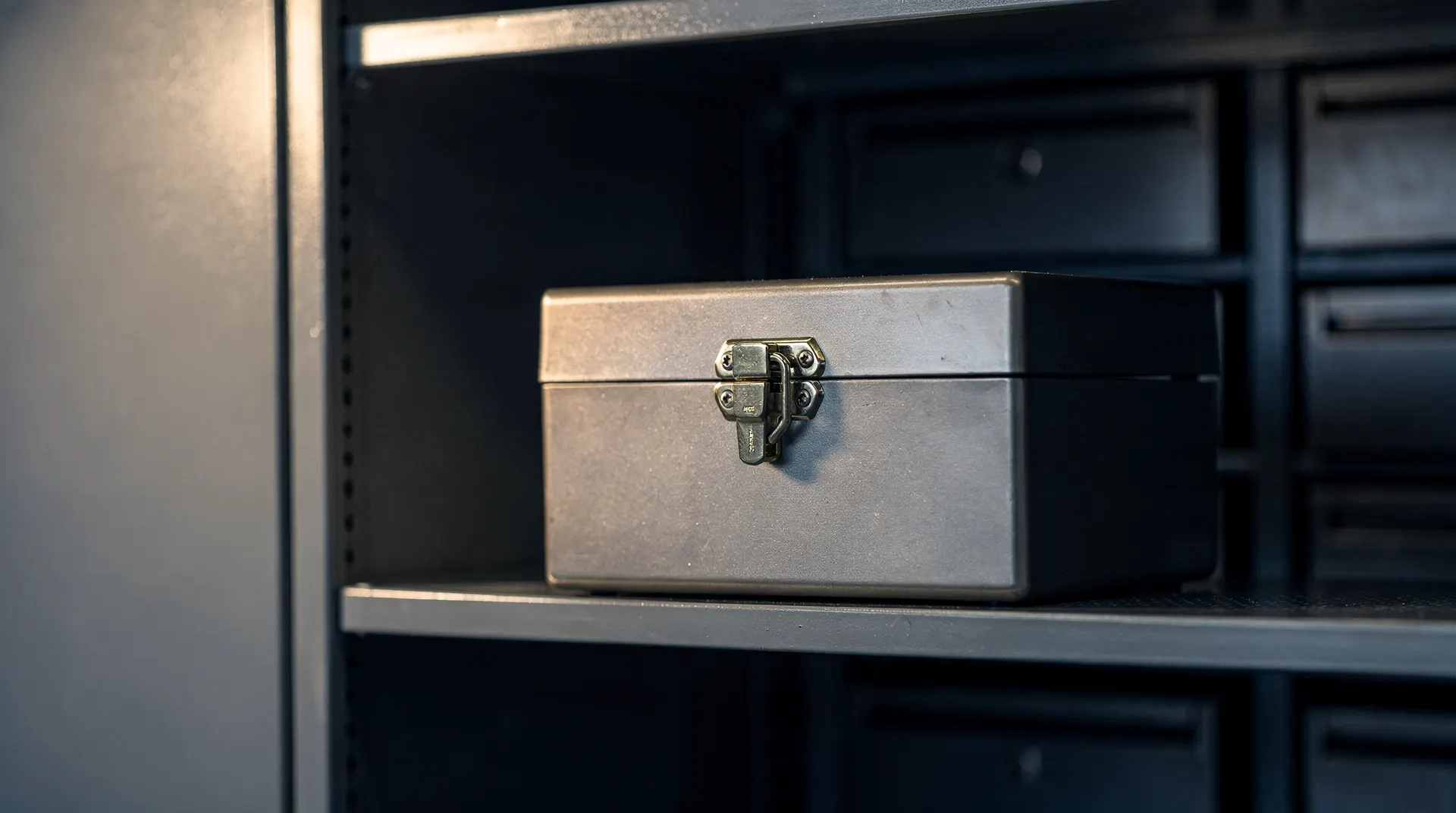 An unmarked gold-toned coin rests in an open safe-deposit box beside rows of closed drawers.
