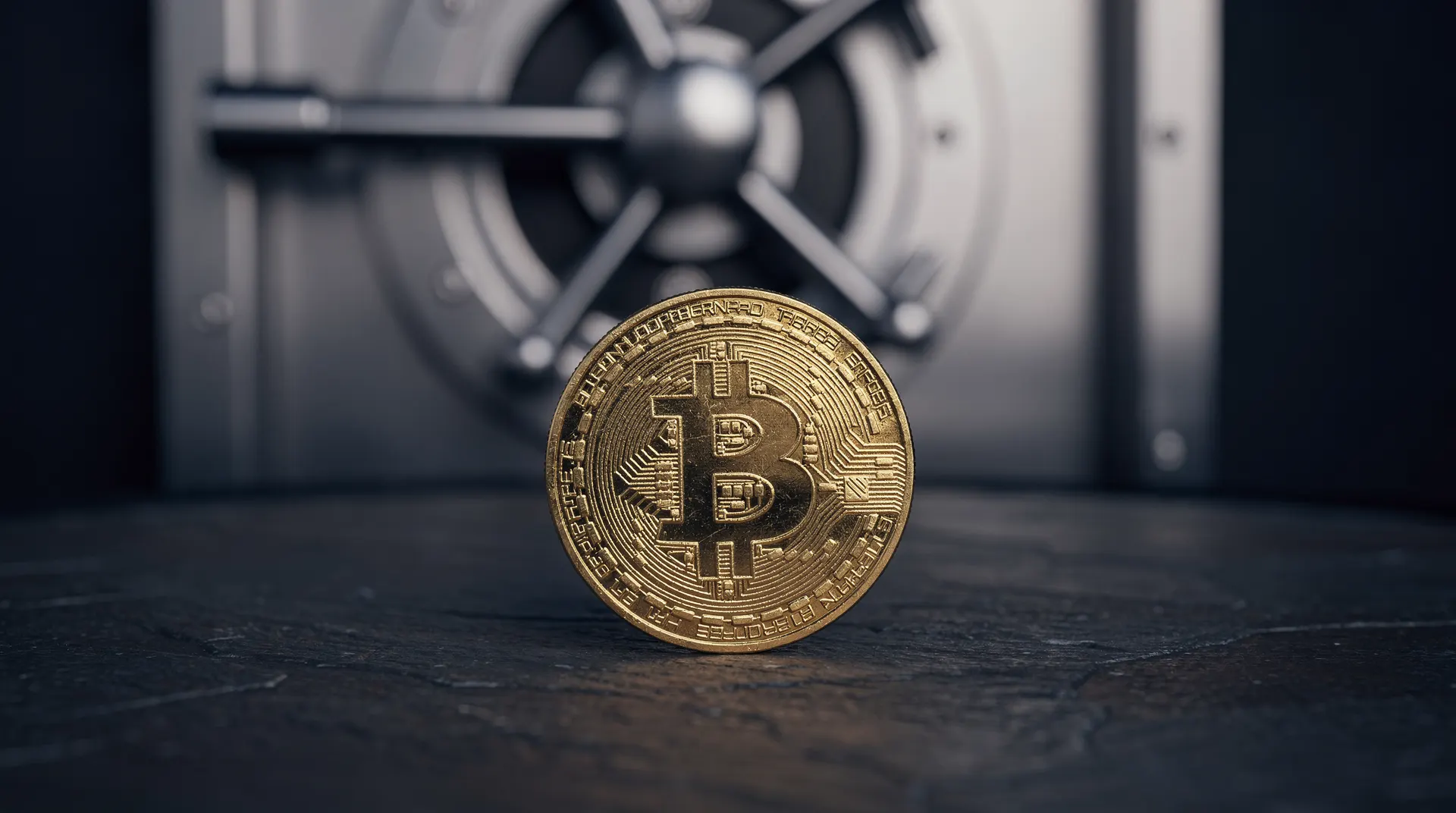 An unmarked gold-toned coin rests in shadow before a softly blurred, closed bank vault door.