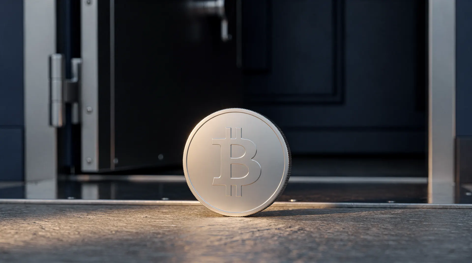 A coin in silhouette catches warm light beside a partially open bank vault door.