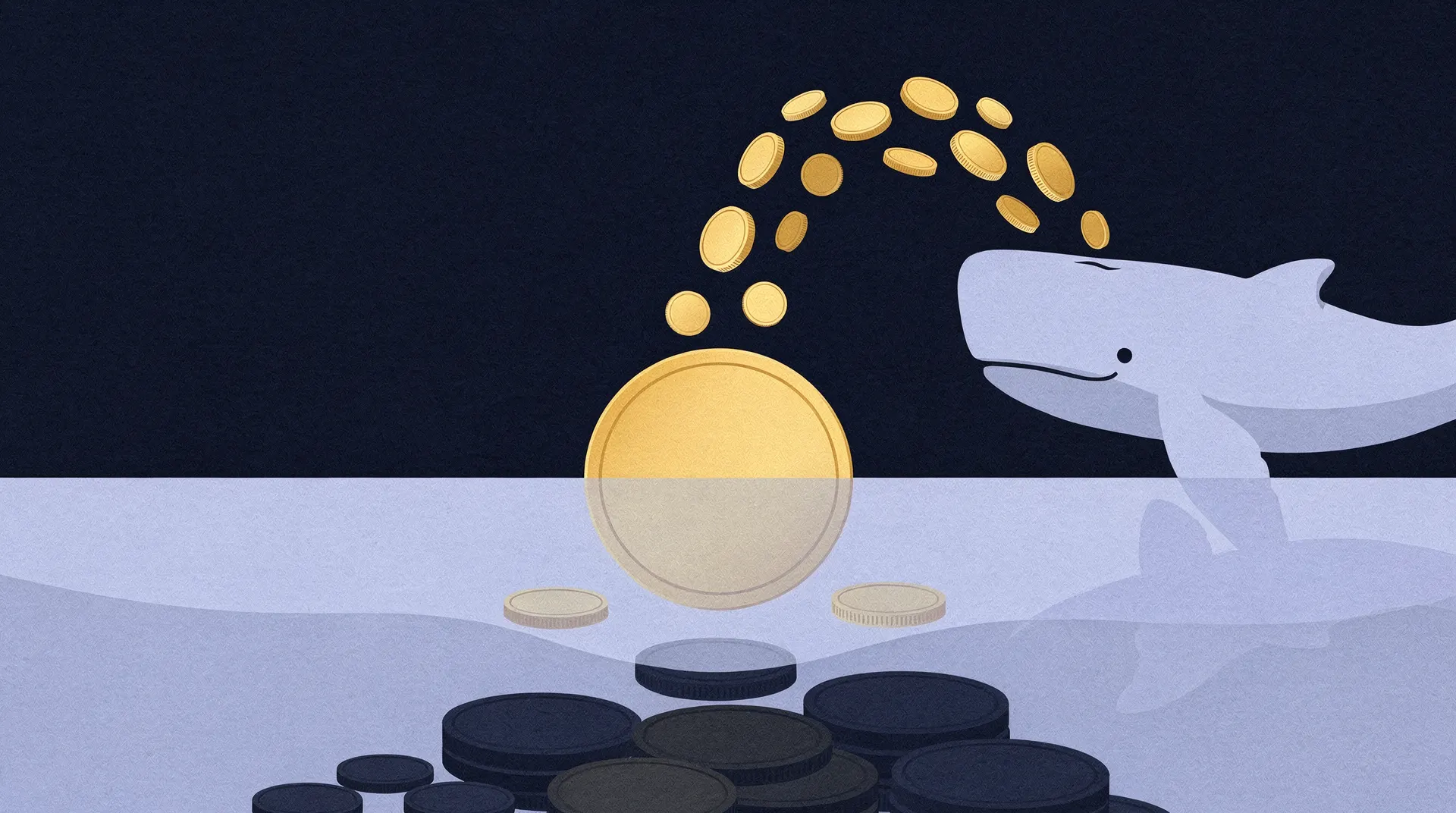 An illustration of a whale emerging from water, spouting golden coins upwards, with a large golden coin and smaller coins floating on the surface, and dark coins beneath the surface.