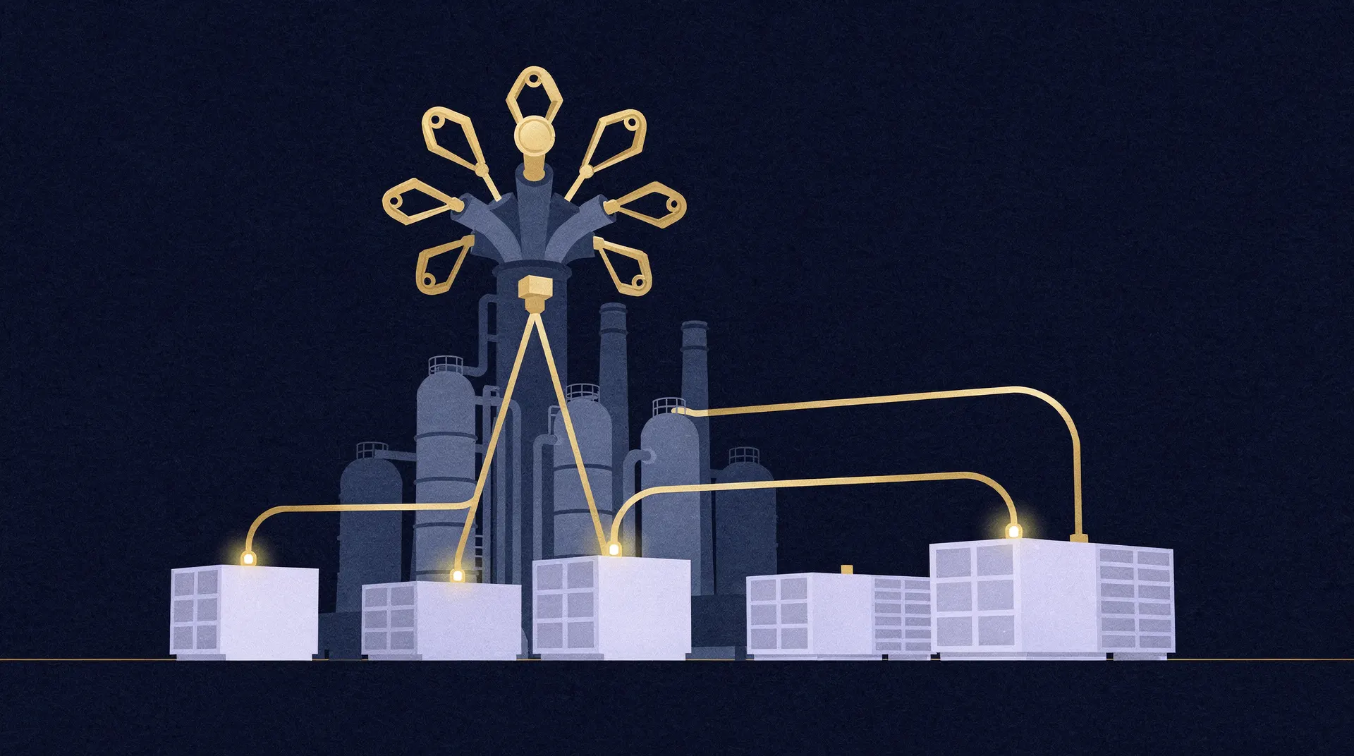 Editorial illustration: Industrial power facility fueling data centers on deep navy background