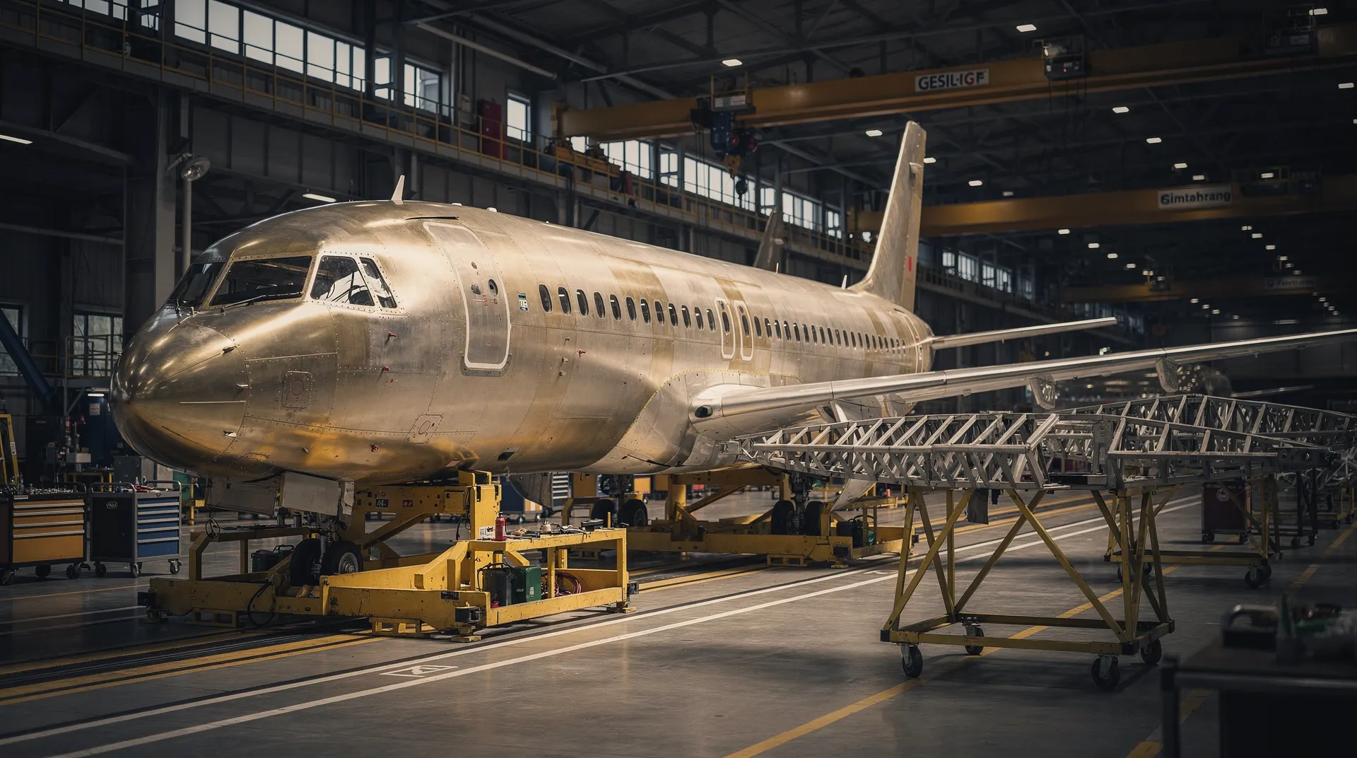 An unmarked passenger jet fuselage stands beside a wing assembly in an empty aircraft factory.