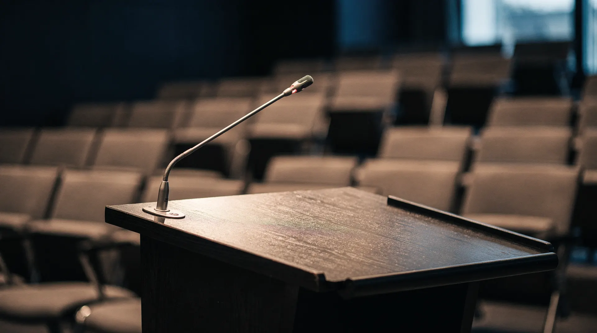 A microphone stands at an empty conference lectern, with vacant seats blurred behind it.