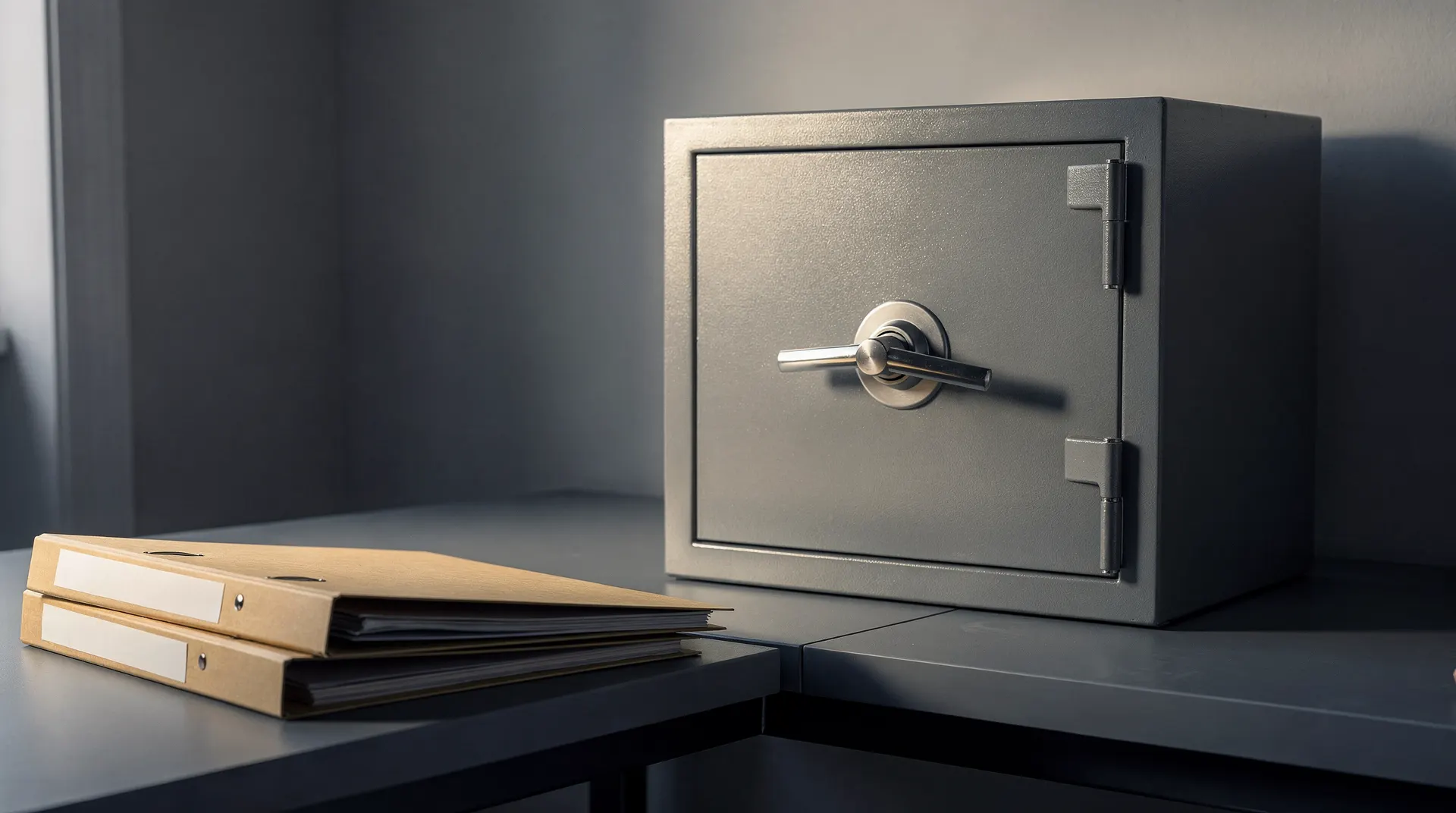 A community bank vault door stands behind blank file folders on a desk in an empty bank.