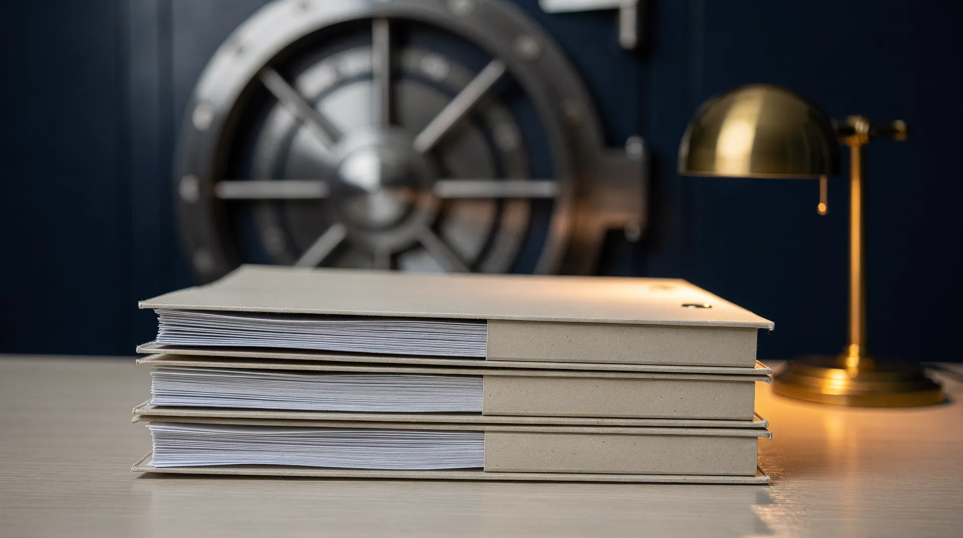 Unmarked review folders sit on a desk before a closed bank-vault door.