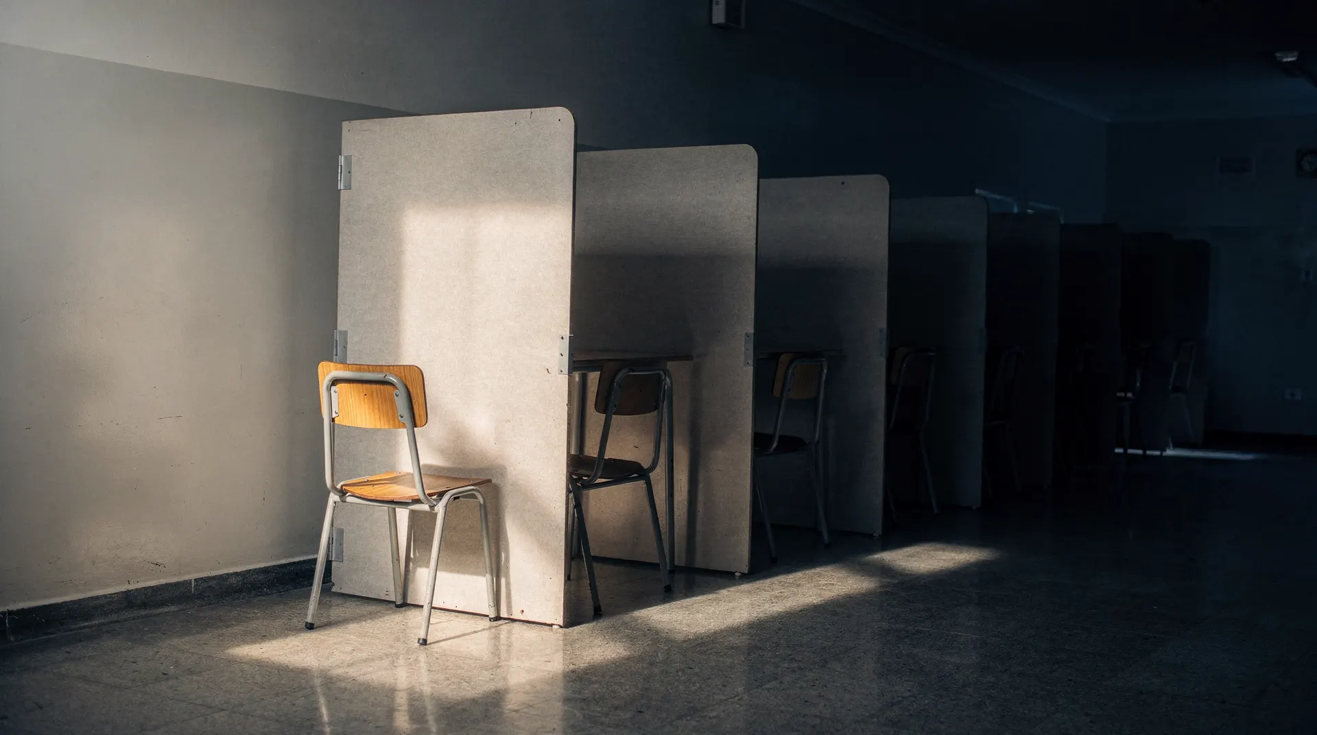 Empty polling-station privacy partitions and chairs, with morning light falling across one partition.