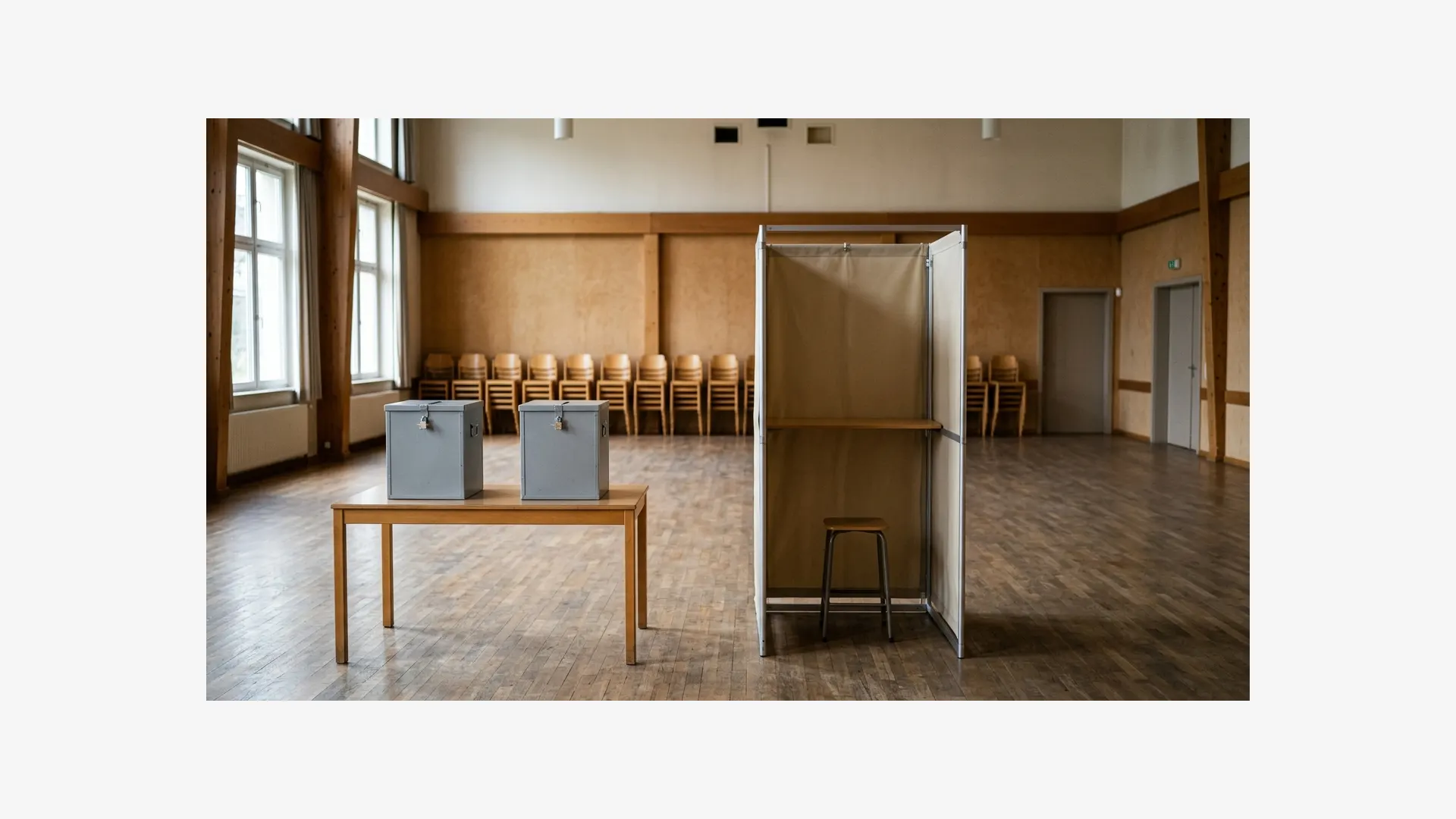 An empty voting booth stands in a quiet civic hall beside unmarked ballot boxes.