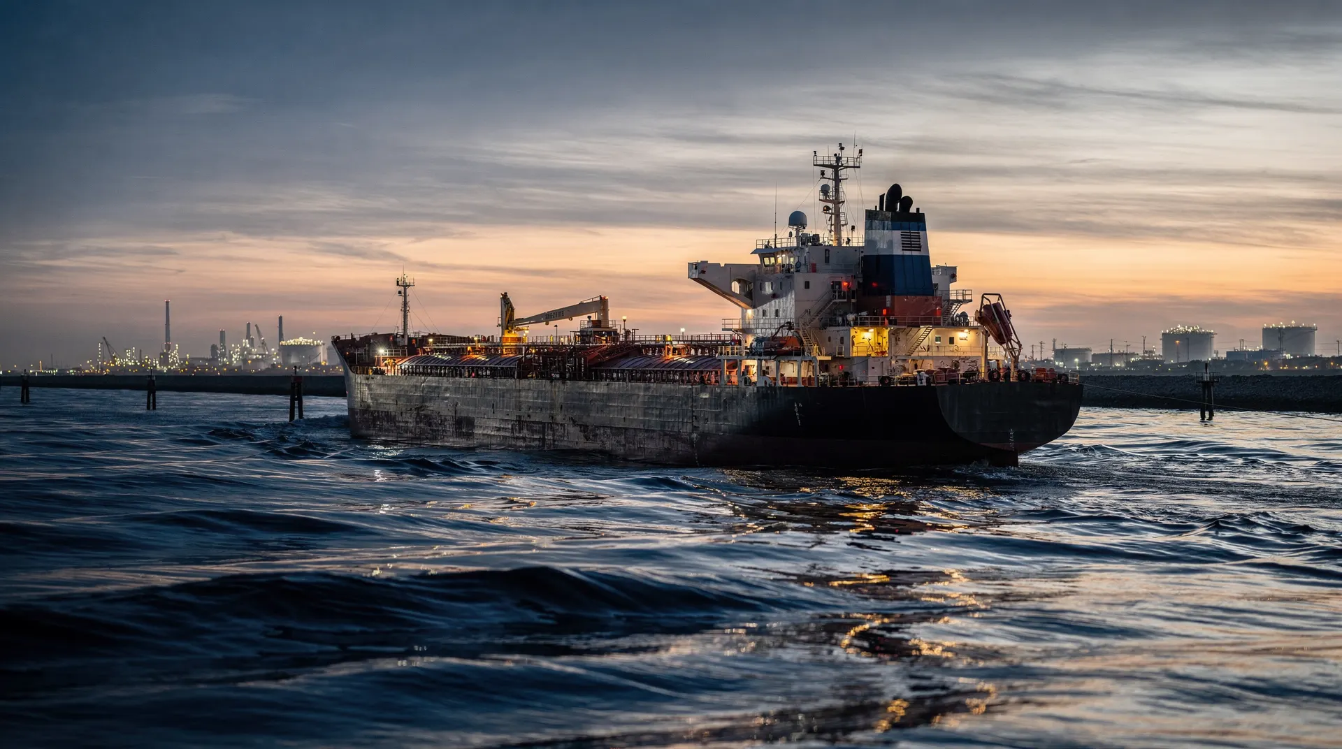Crude oil tanker crossing a shipping lane at dawn with refinery lights on the distant horizon
