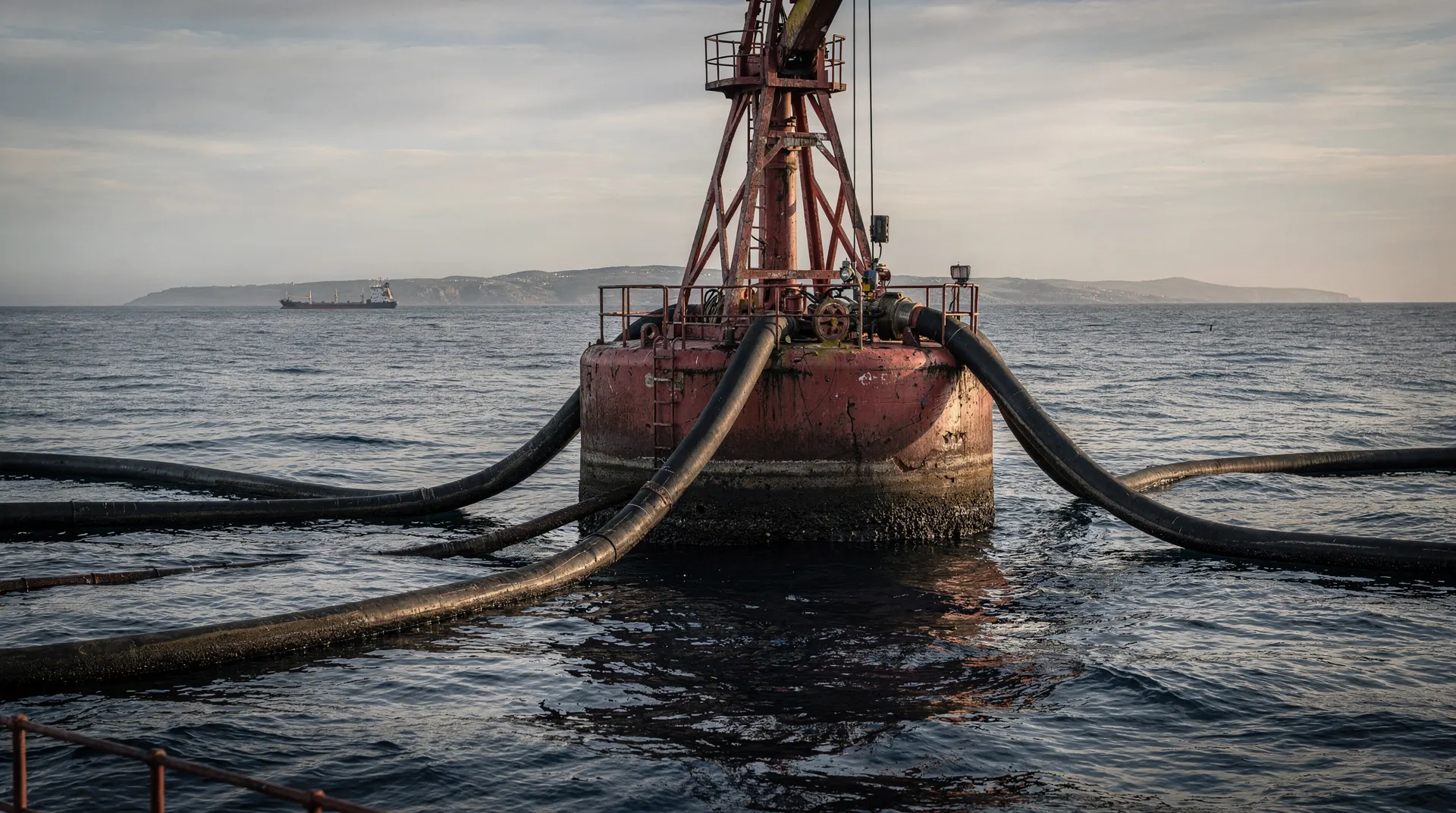 An unmarked oil tanker crosses a narrow shipping lane beneath a hazy coastline.