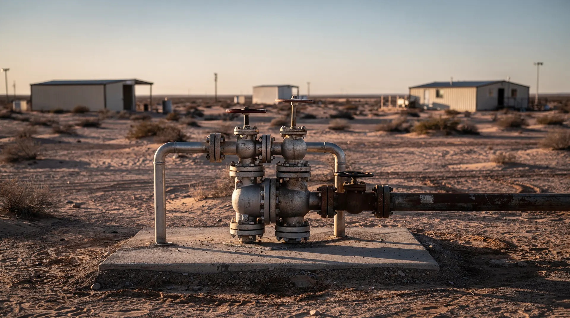 Oilfield wellhead and pipeline valves stand in a desert, with production structures on the hazy horizon.