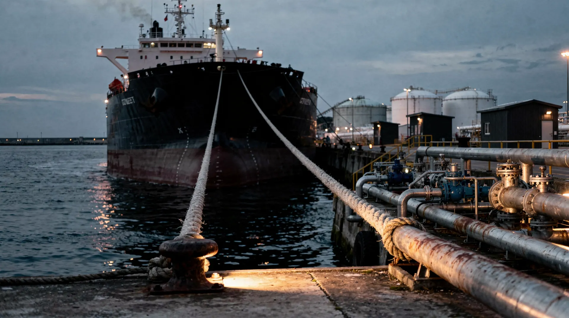 Unmarked oil tanker moored beside terminal pipes and storage tanks at dusk.