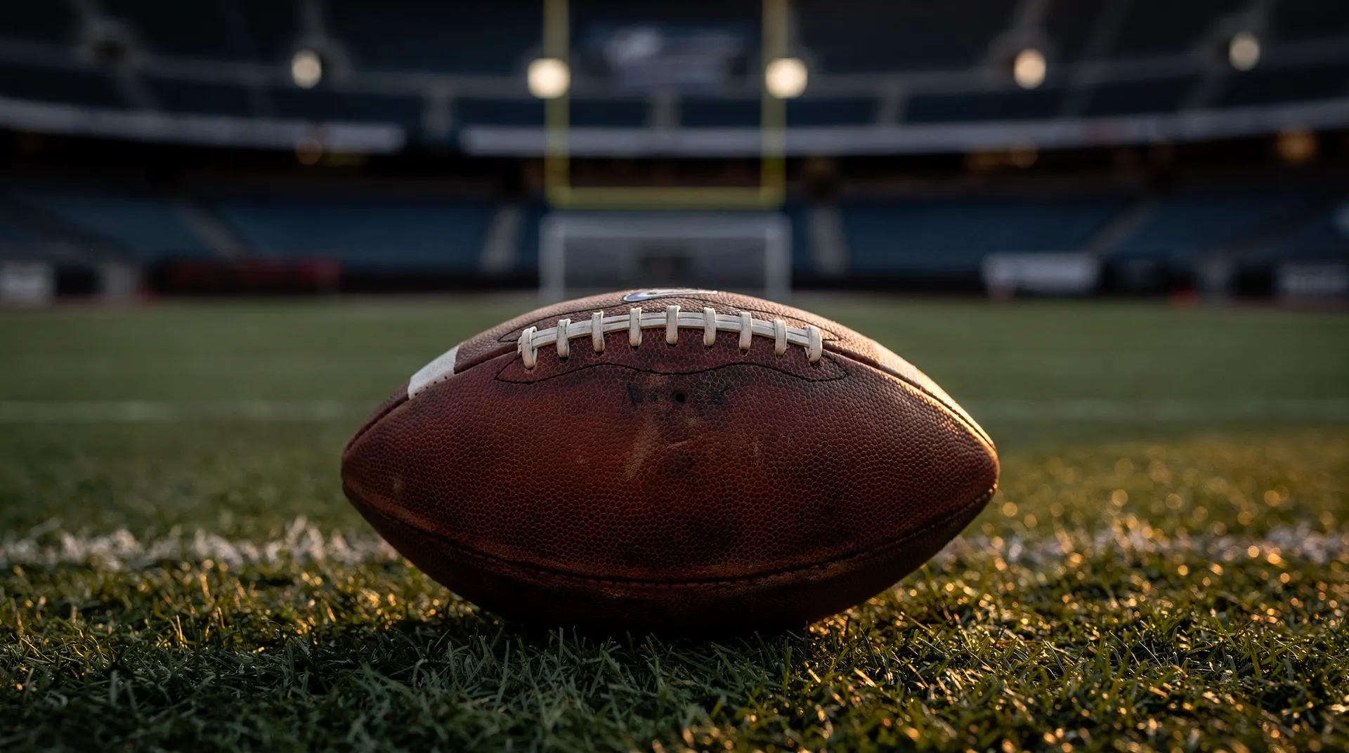 An unbranded football rests on empty stadium turf, with goalposts blurred in the distance.