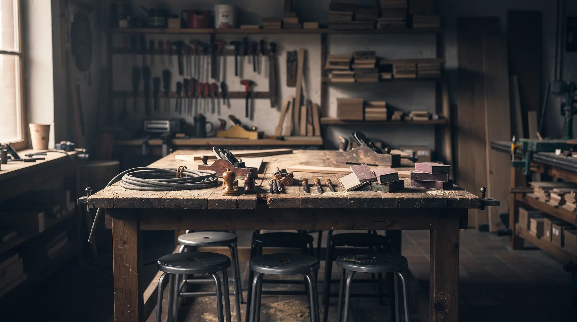 Empty stools and orderly workbenches in a quiet small-business workshop lit by morning light.