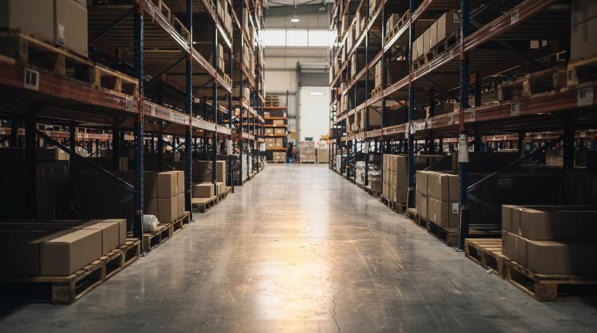 Sparsely stocked warehouse racks stretch down an aisle, with a few cartons on pallets.