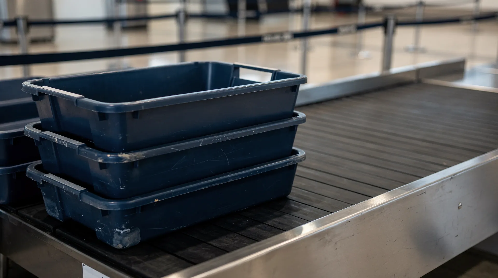 Security screening trays sit beside a conveyor belt at a quiet airport checkpoint.