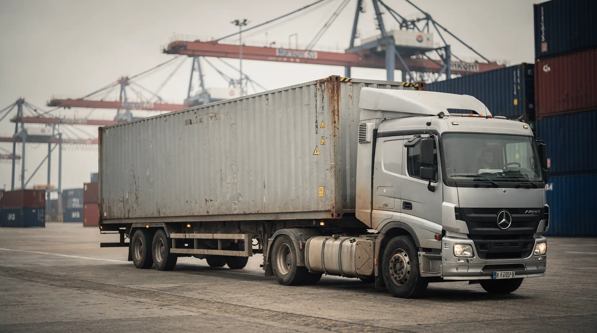 An unbranded container truck passes terminal cranes under an overcast sky.