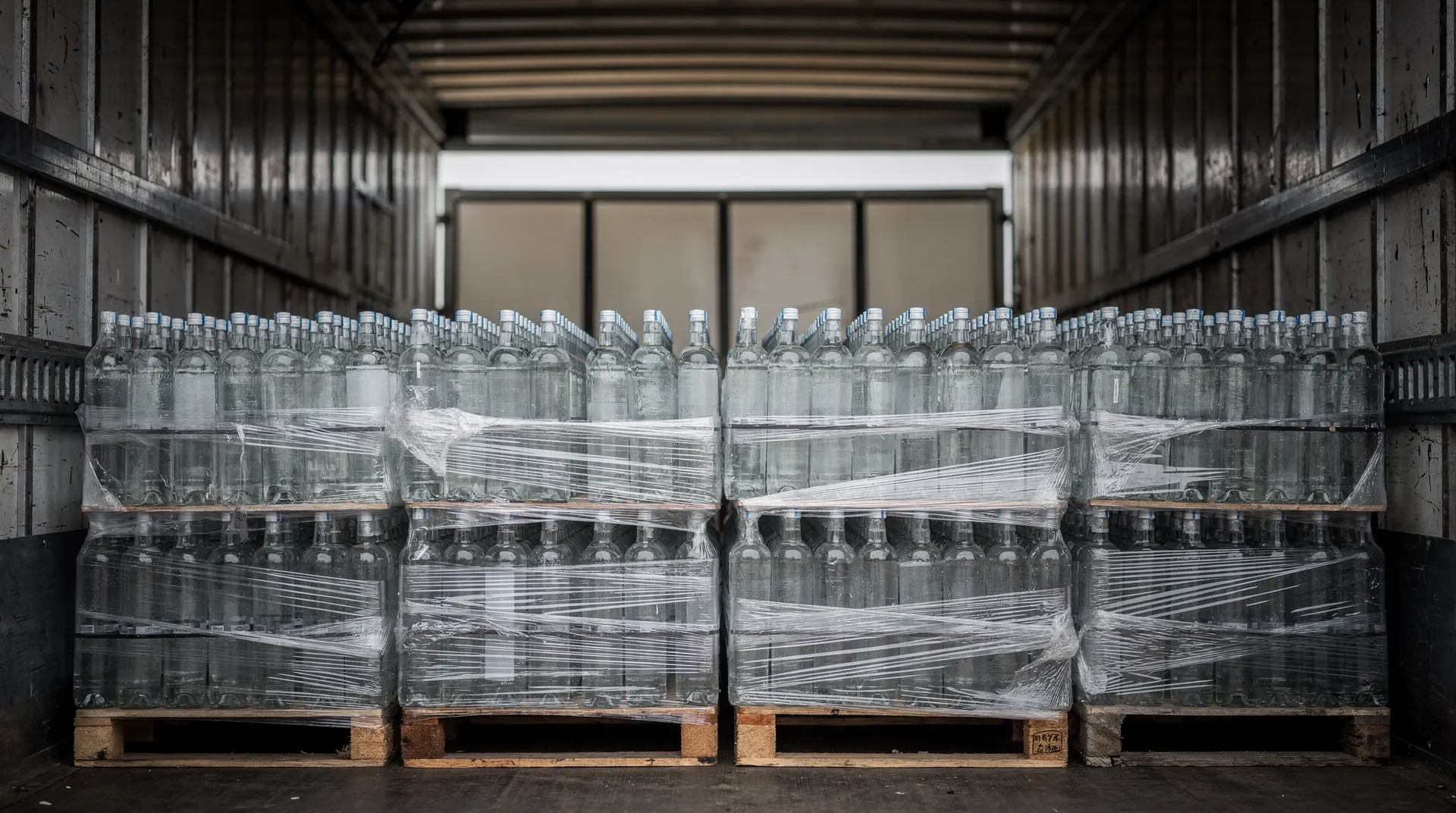 Pallets of unlabeled bottles sit inside a freight trailer facing a closed inspection gate.