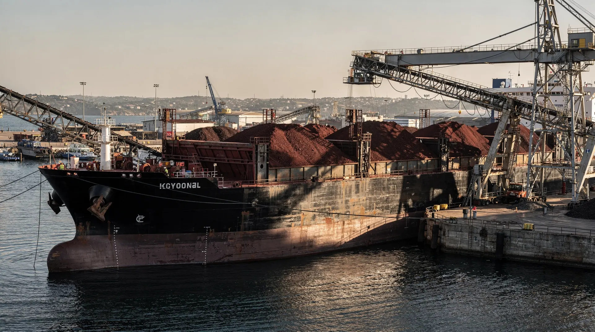 A large bulk carrier with open holds full of reddish iron ore sits at an industrial loading berth.