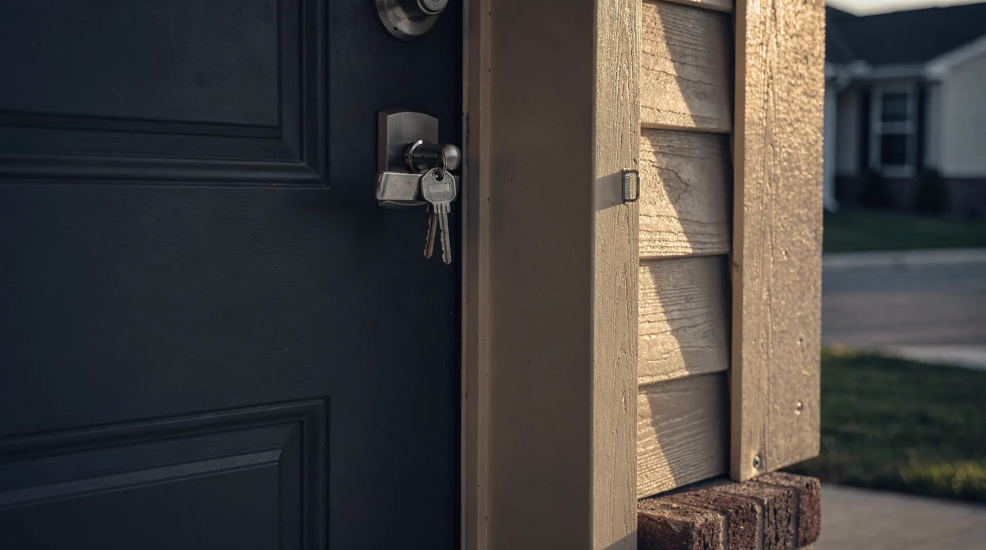 Keys hang from a suburban home's front door, with neighboring houses blurred in the background.