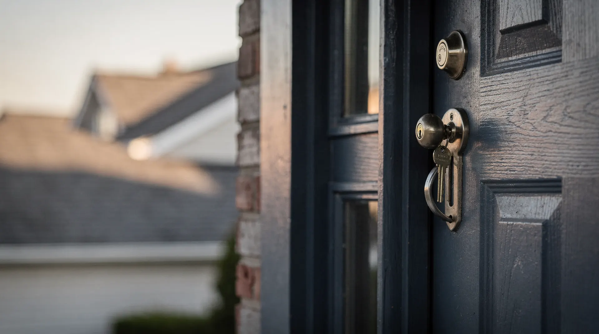 A key rests in the front-door lock of a modest house, with neighboring roofs blurred behind it.