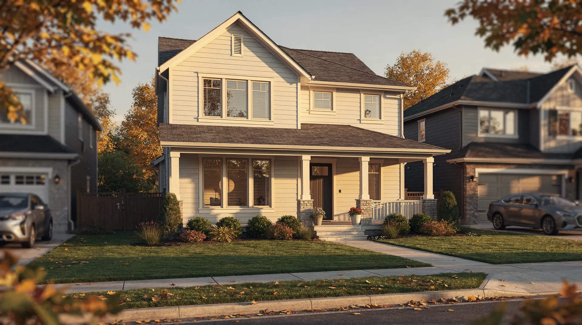 A suburban house stands behind a blank yard sign, with neighboring roofs and early autumn leaves in warm light.
