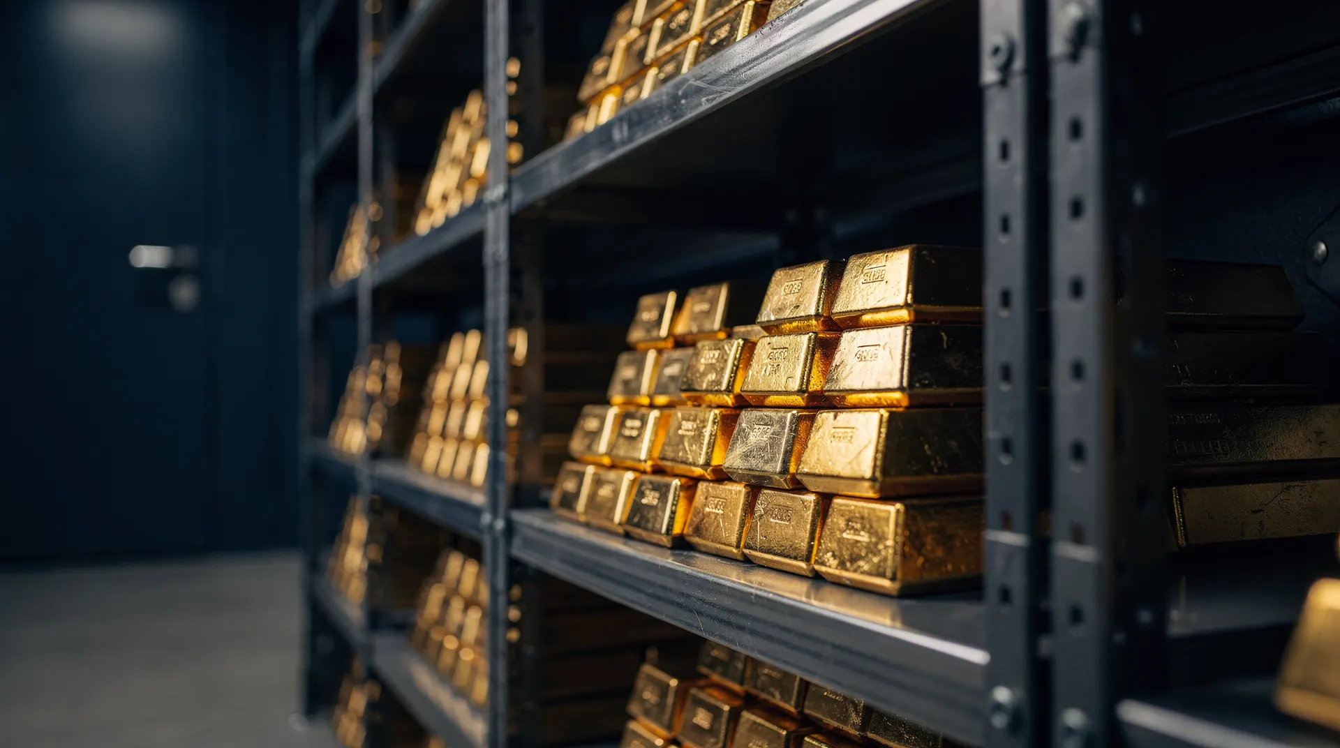 Unmarked gold bars sit in a bank vault, warmly lit against shadowed metal shelving.