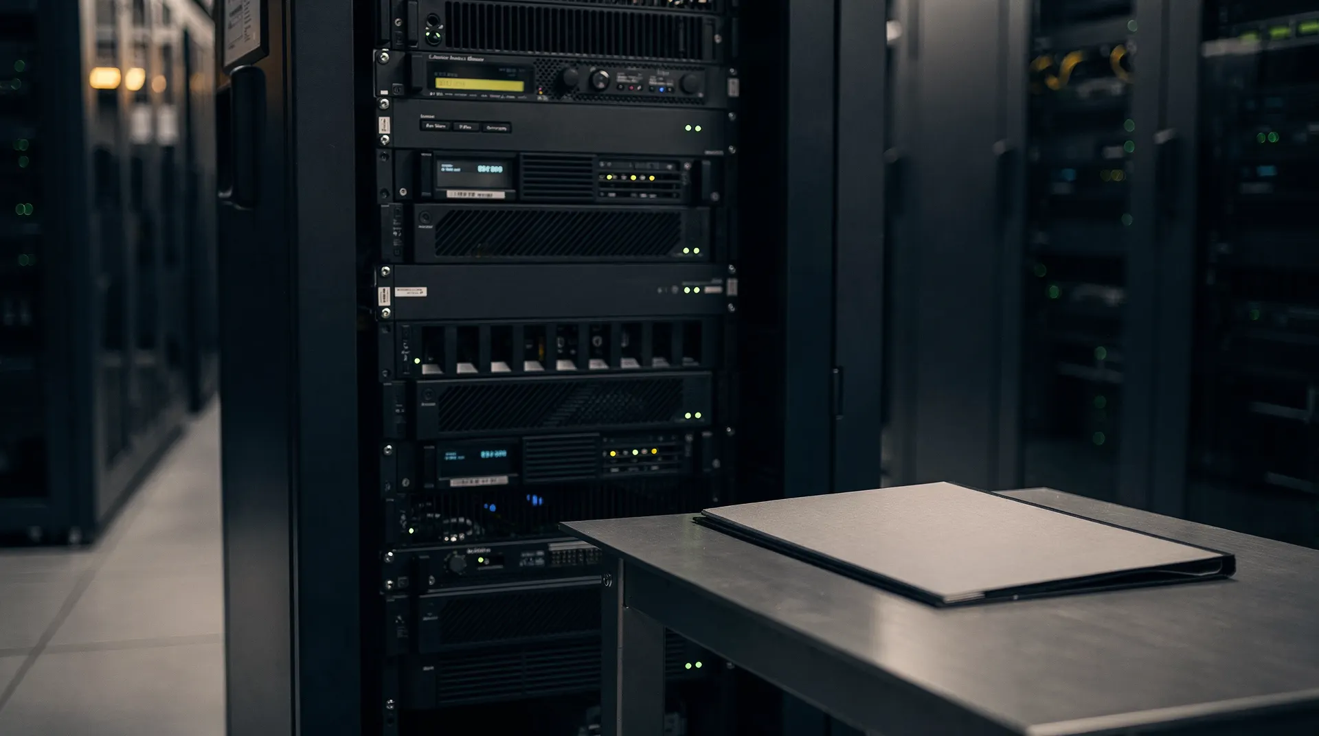 Server racks stand behind a closed, unmarked filing folder on a worktable.