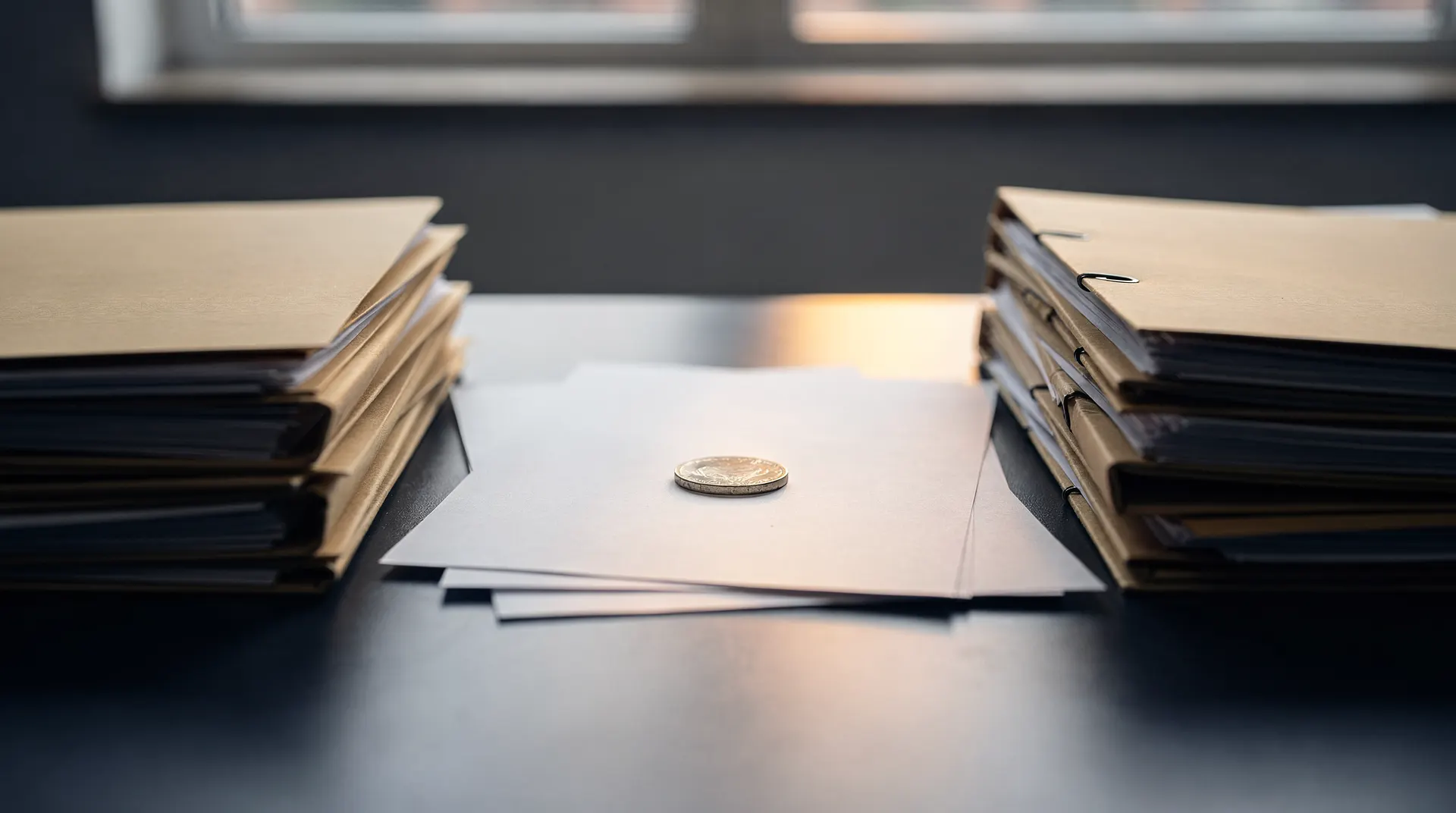 Two stacks of unmarked filing folders sit apart on a desk, with a plain coin between them.