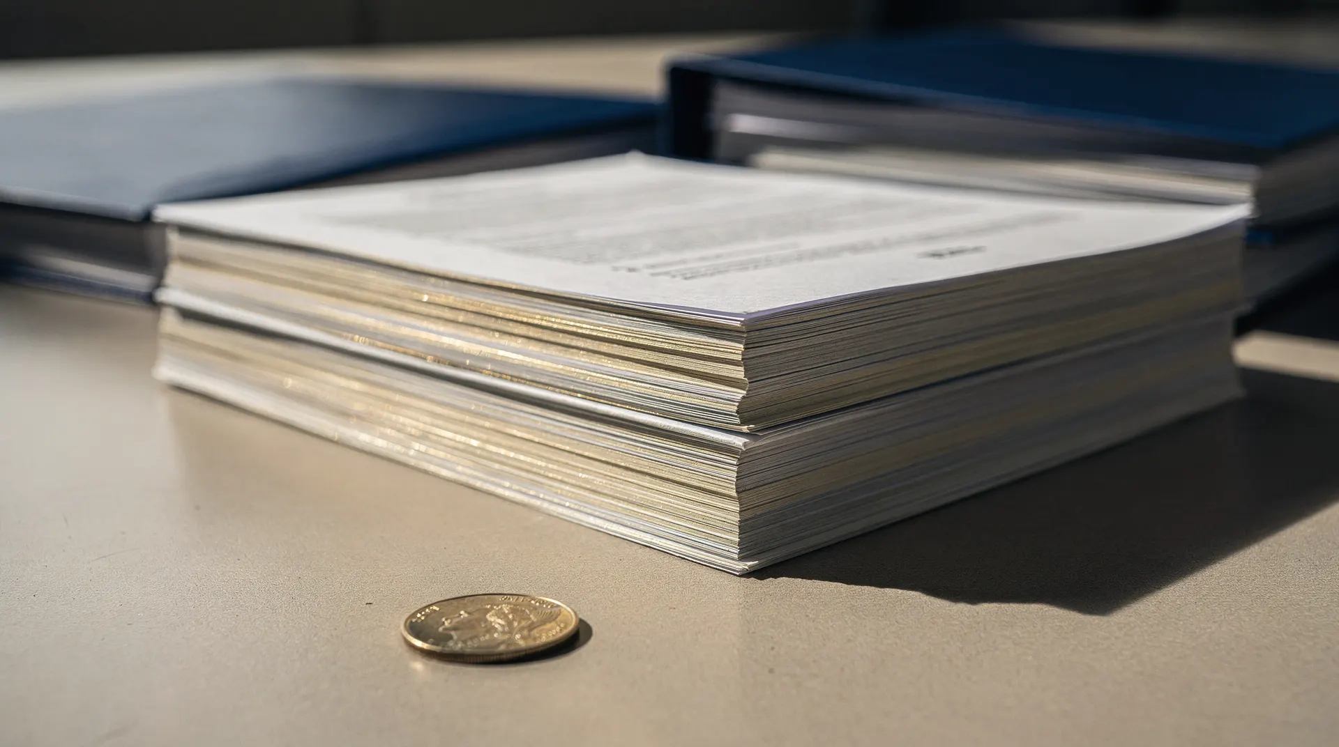 Paper edges of a thick rulemaking stack beside two blank folders and an unmarked coin on a desk.