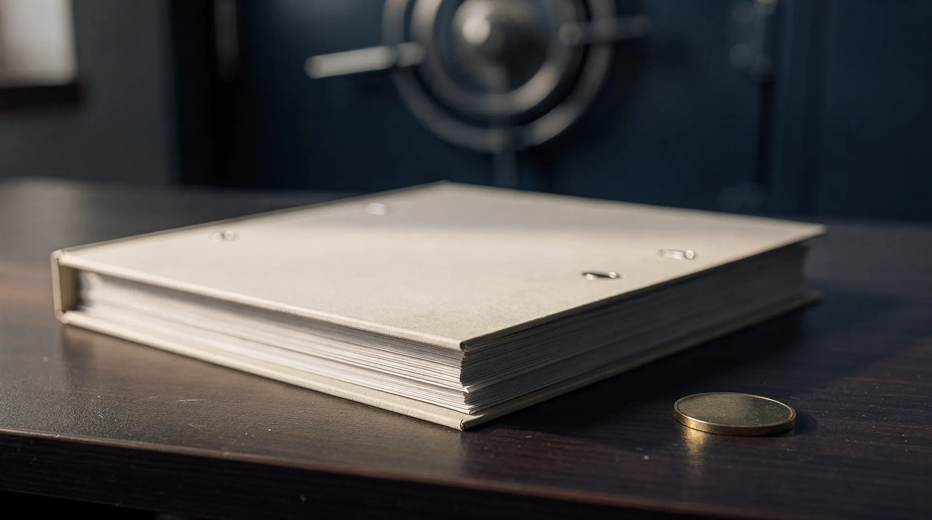 A closed unmarked folder sits beside a silhouetted coin, with a vault door blurred in the background.