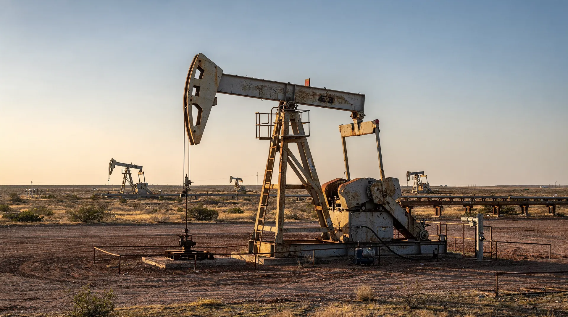 An oil pumpjack stands in the foreground of a sunlit field, with more pumpjacks along the horizon.