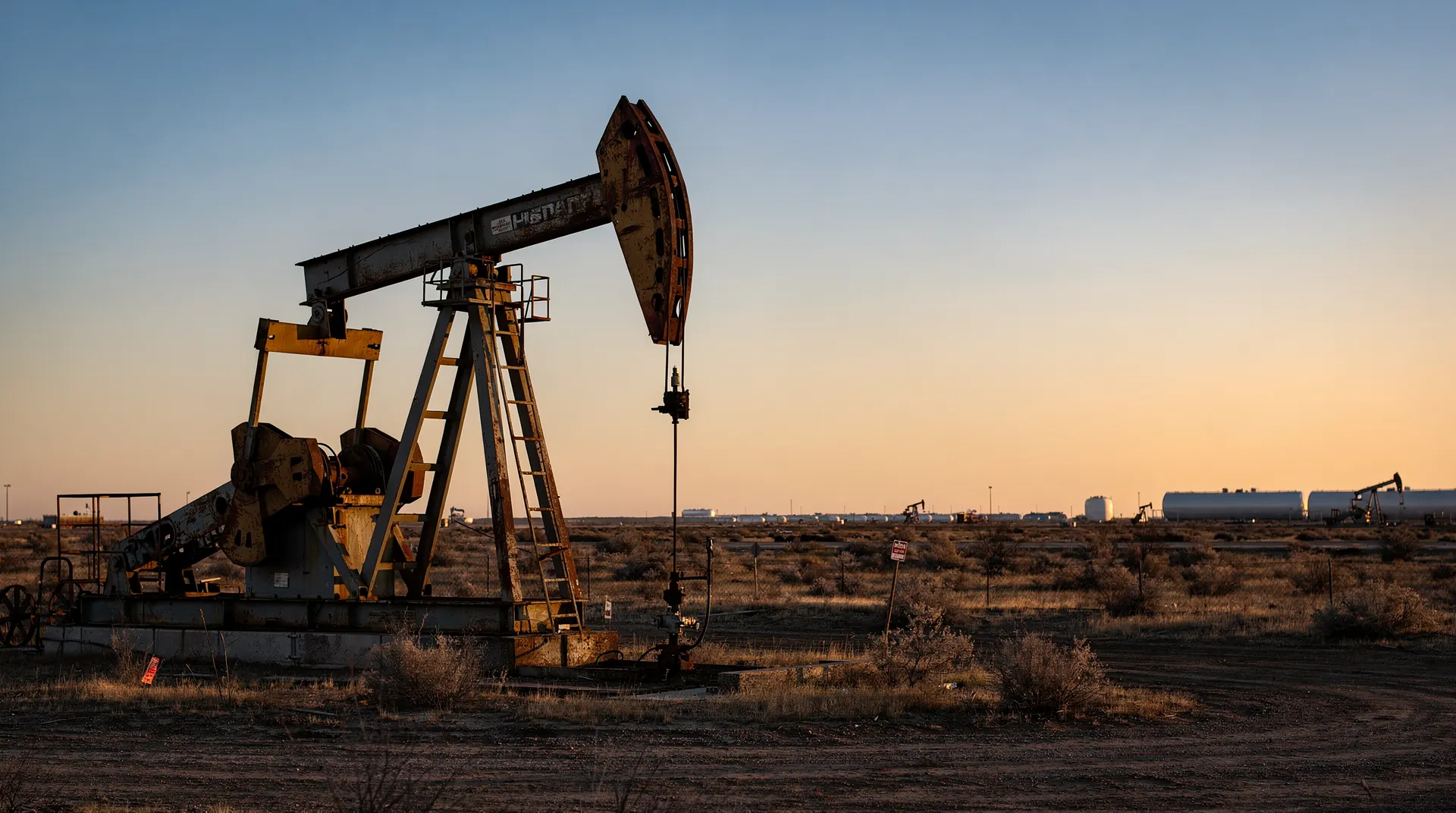 An oil pumpjack stands against a gold dawn sky, with distant equipment across the field.