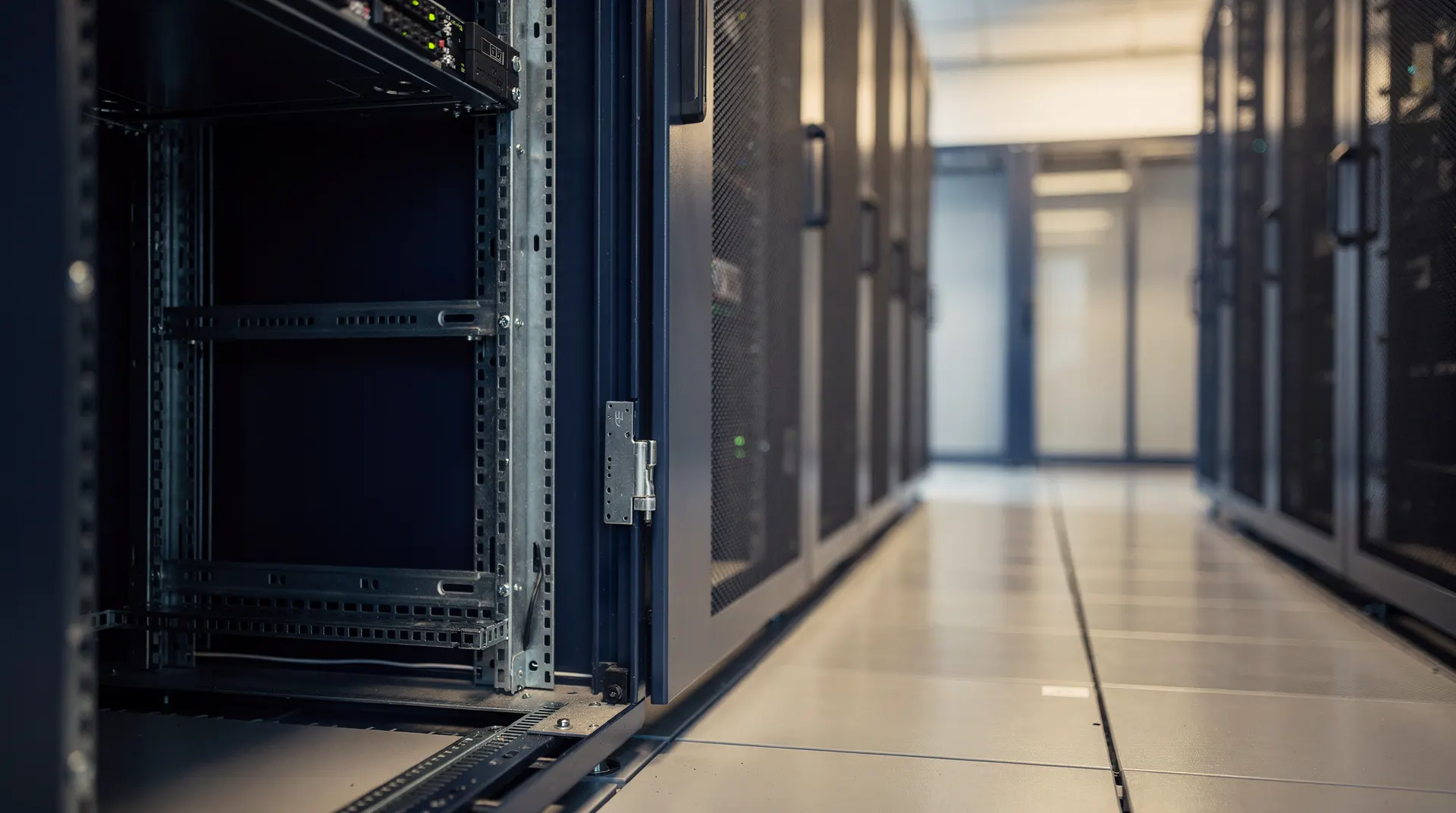 Empty server rack bays face a row of occupied racks in a dim data-center aisle.