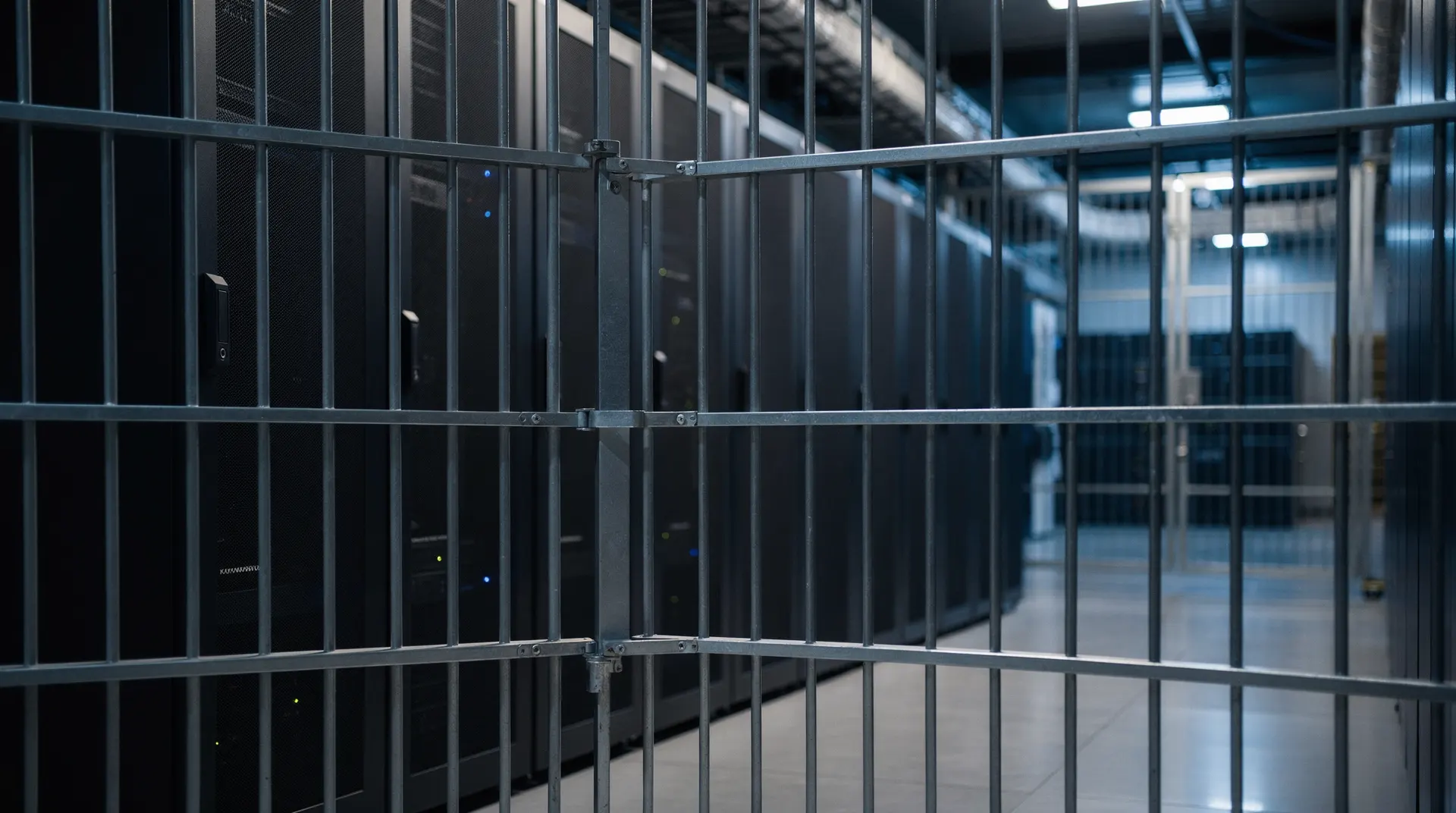 A closed metal gate stands before server racks receding into a dim blue datacenter aisle.