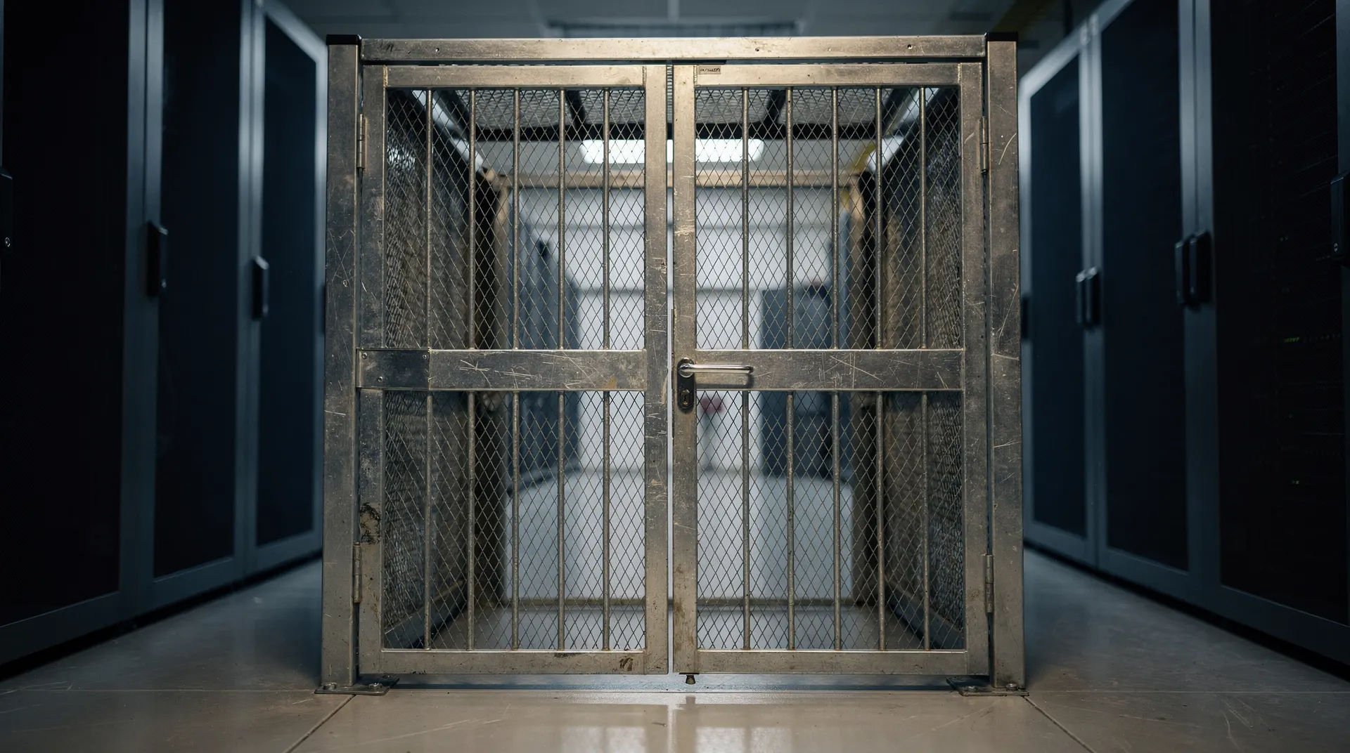 A closed metal gate stands before an unmarked data-center aisle, with server racks fading into shadow.