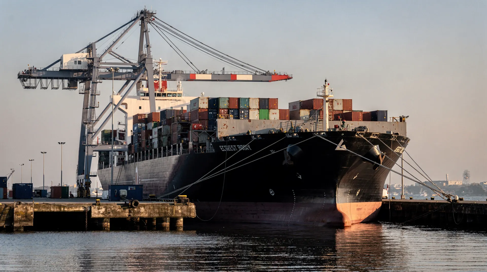 A container ship sits beneath gantry cranes at a port, with unmarked containers stacked along the quay.