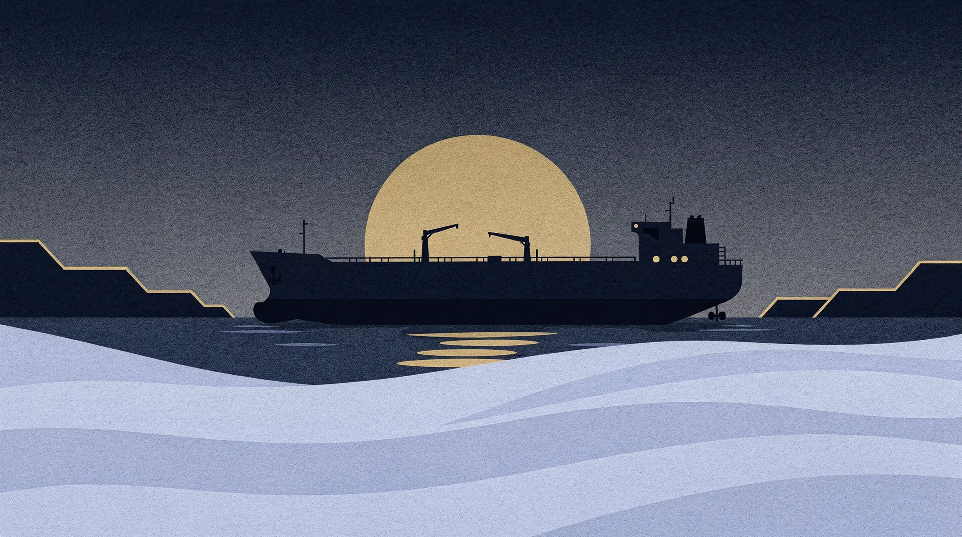 An unmarked oil tanker crosses a narrow waterway as a second tanker passes in the distance.