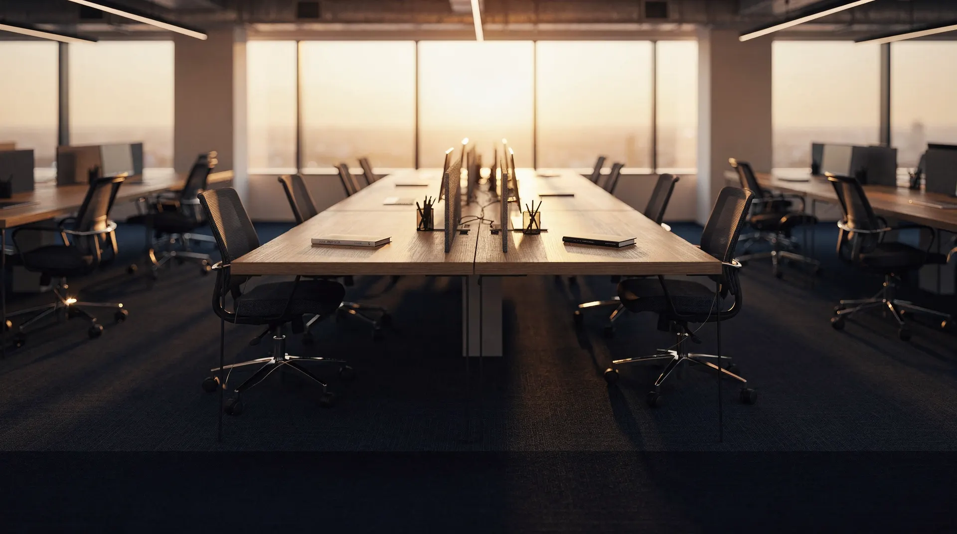 Empty office desks lit by dawn light, evoking a labor market frozen between hiring and layoffs