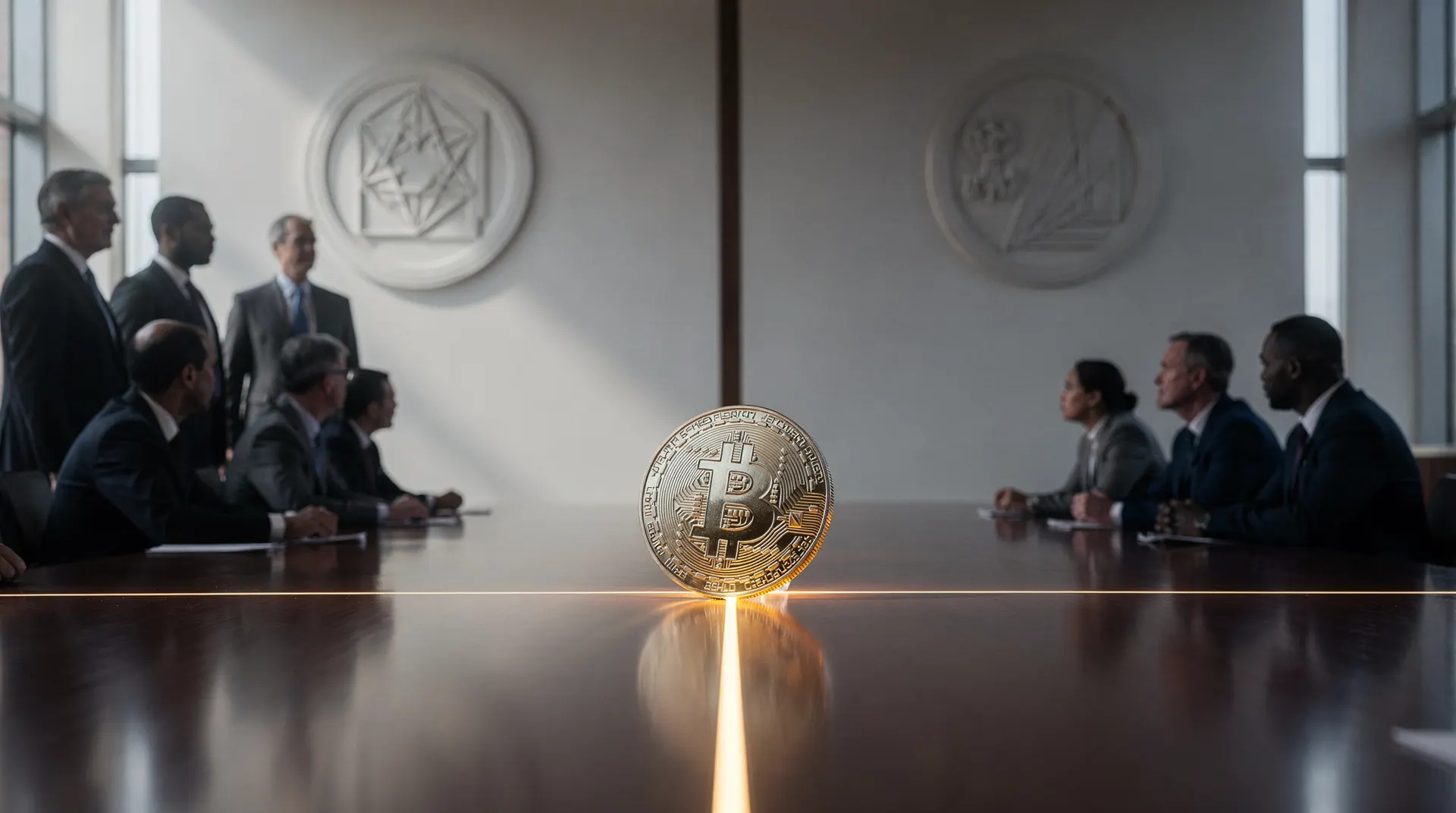 A gold Bitcoin coin stands on a polished dark wood conference table, with groups of diverse suited people on either side.