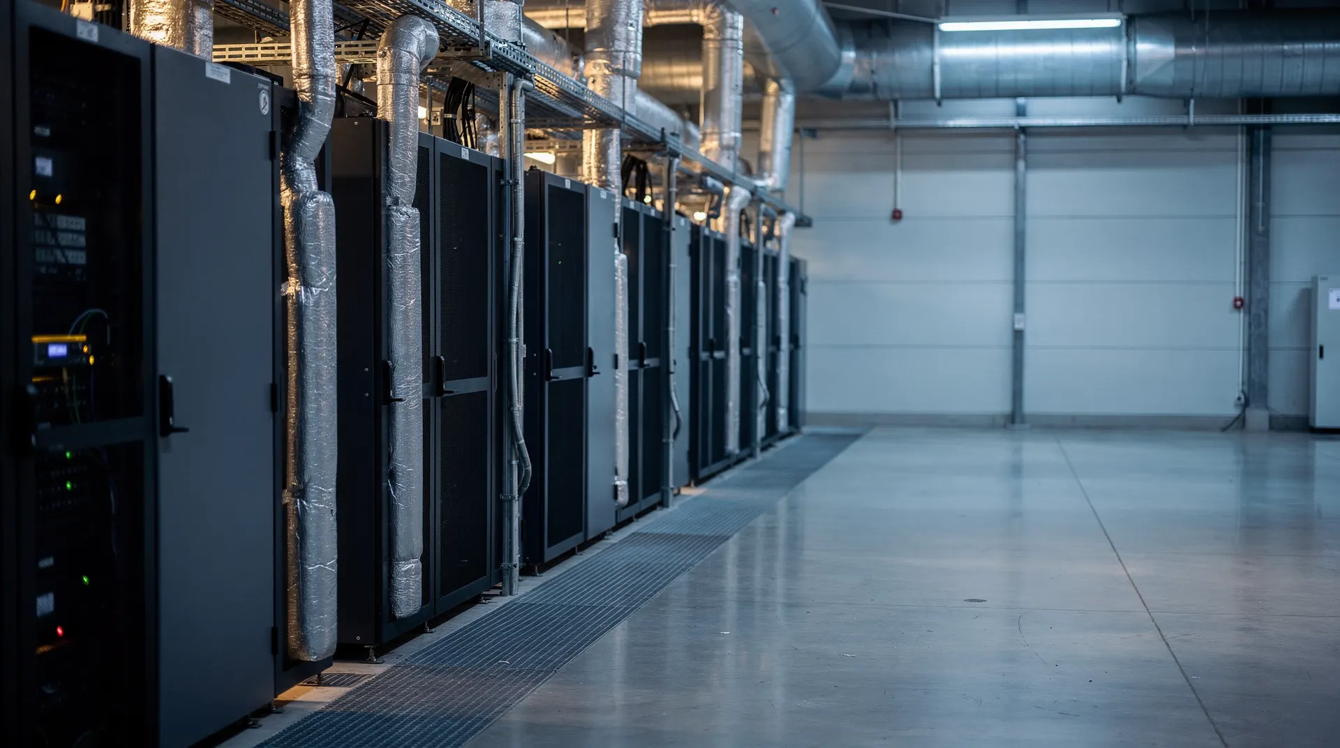 Server racks recede down a blue-lit data center aisle, with empty space to the right.