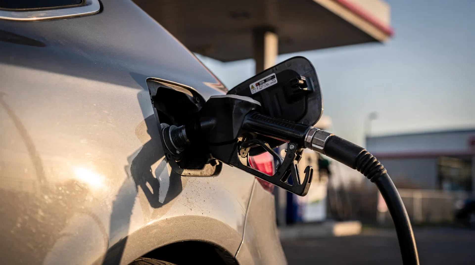 A gasoline nozzle sits in a car's fuel port at a softly lit gas station.