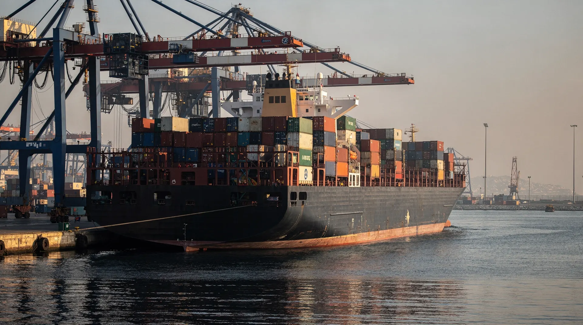 A loaded container ship sits beside port cranes across a hazy harbor.