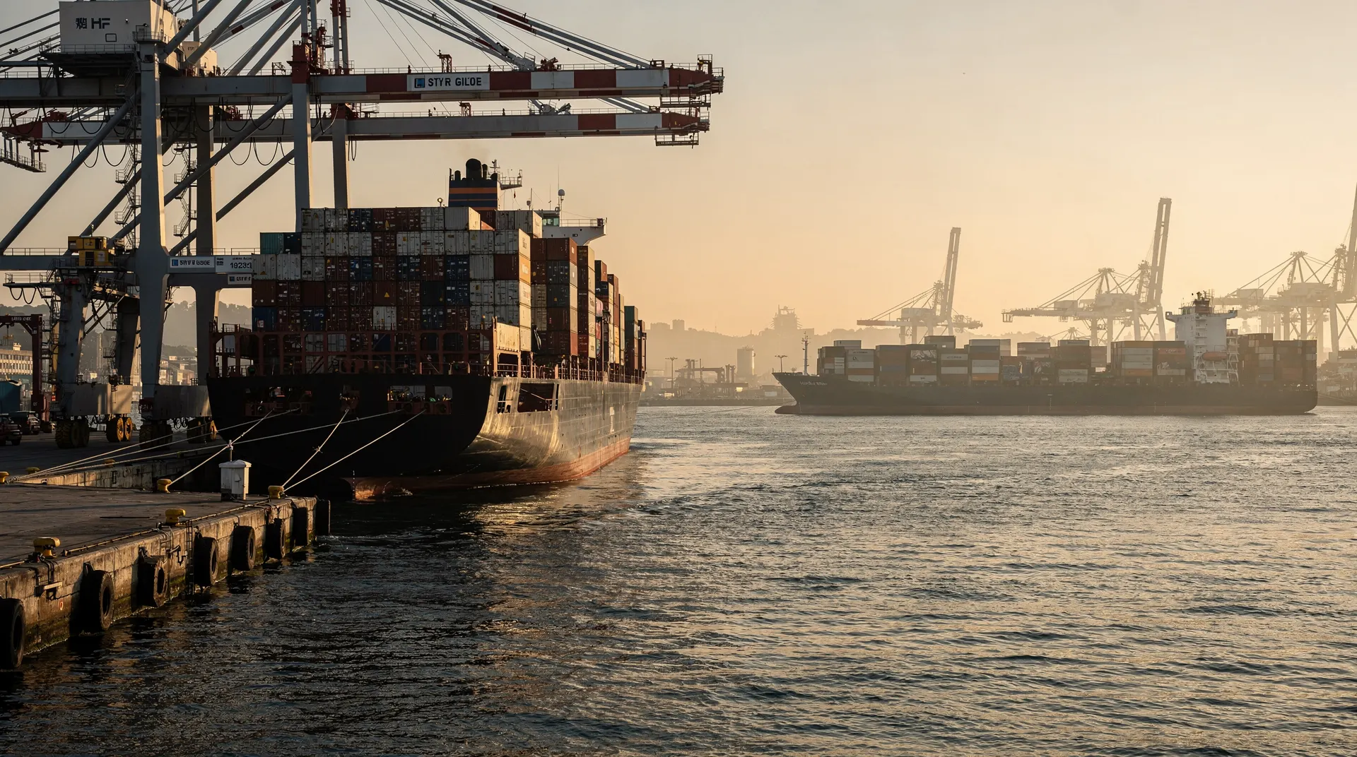 One container ship sits beneath port cranes while another waits farther out in the harbor.