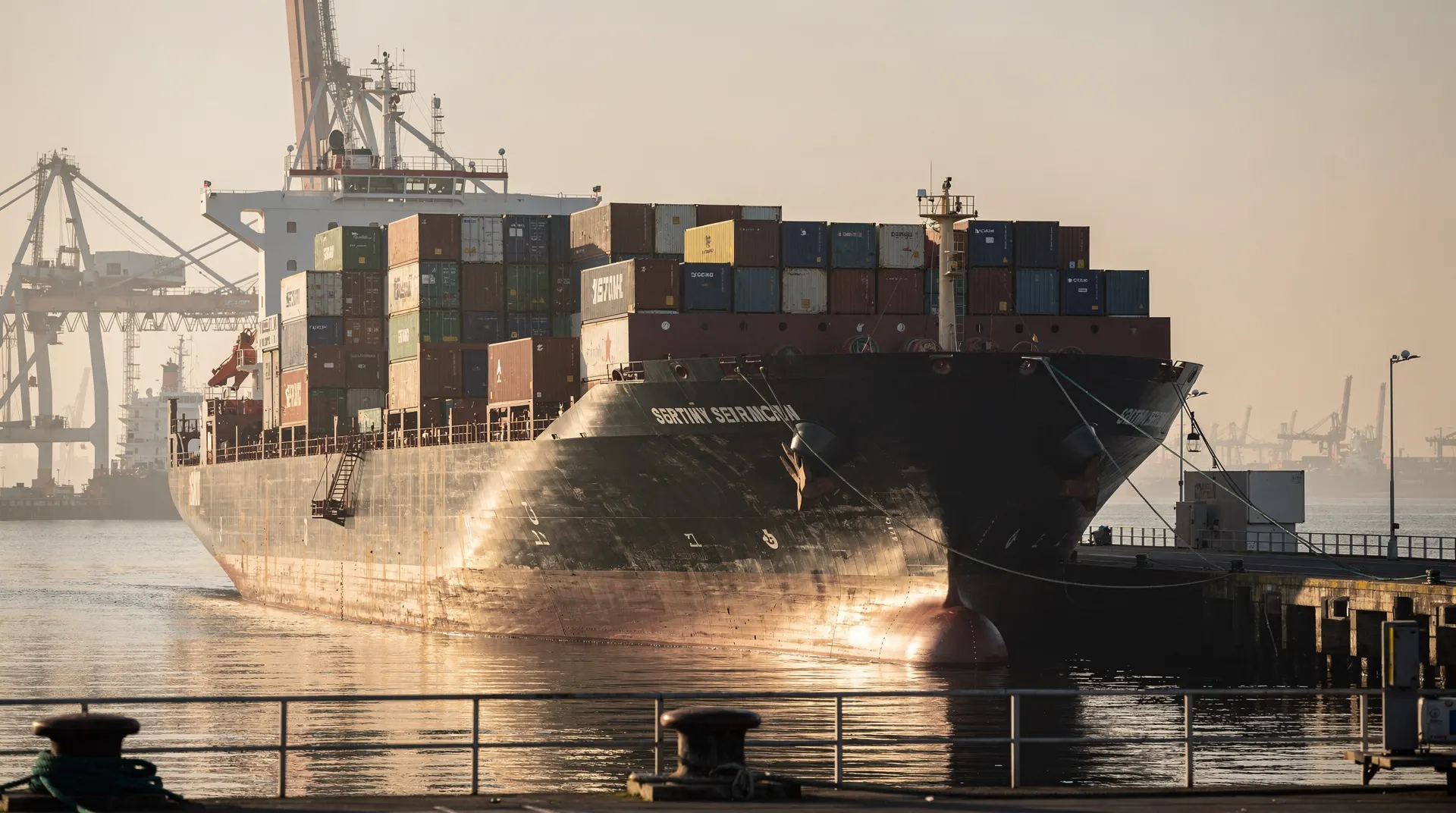 Container ship at a working port, with cranes and stacked containers behind it and an empty berth nearby.